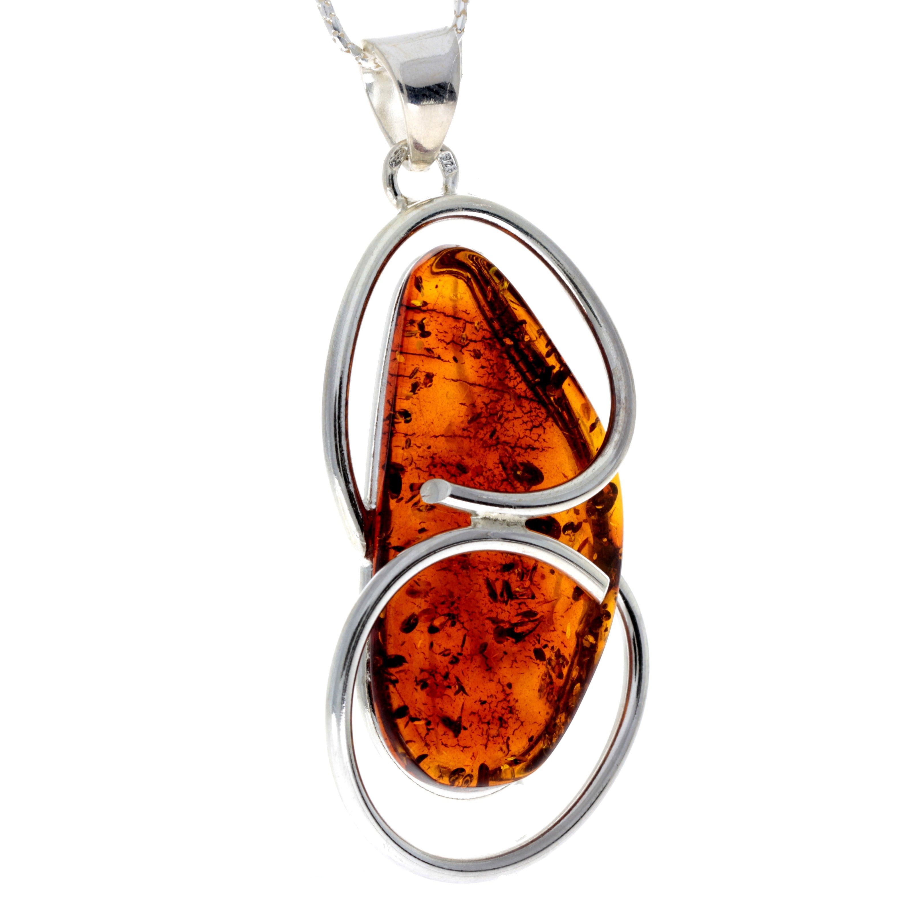 925 Sterling Silver & Genuine Cognac Baltic Amber Exlusive Unique Pendant - PD2177