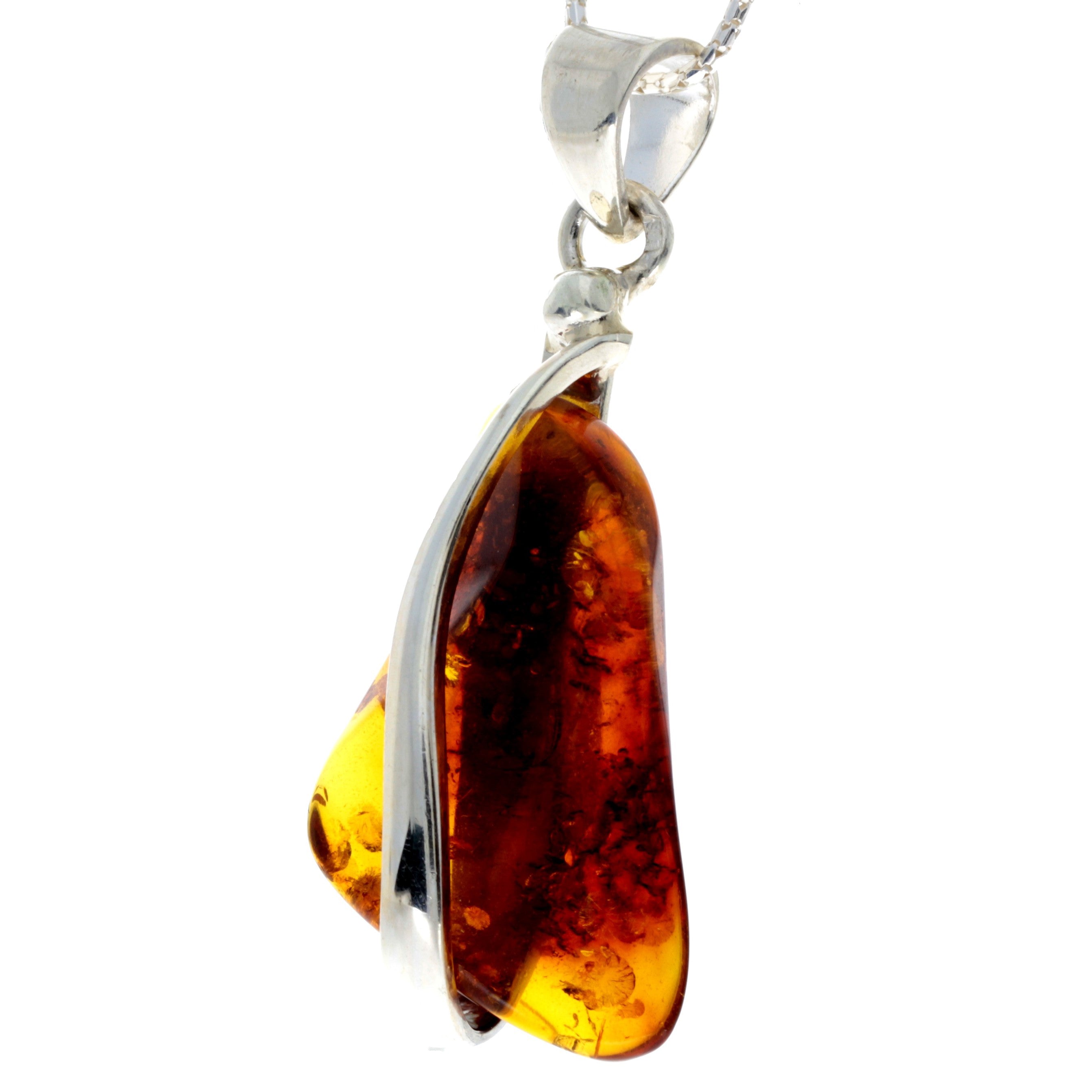 925 Sterling Silver & Genuine Cognac Baltic Amber Exlusive Unique Pendant - PD2209