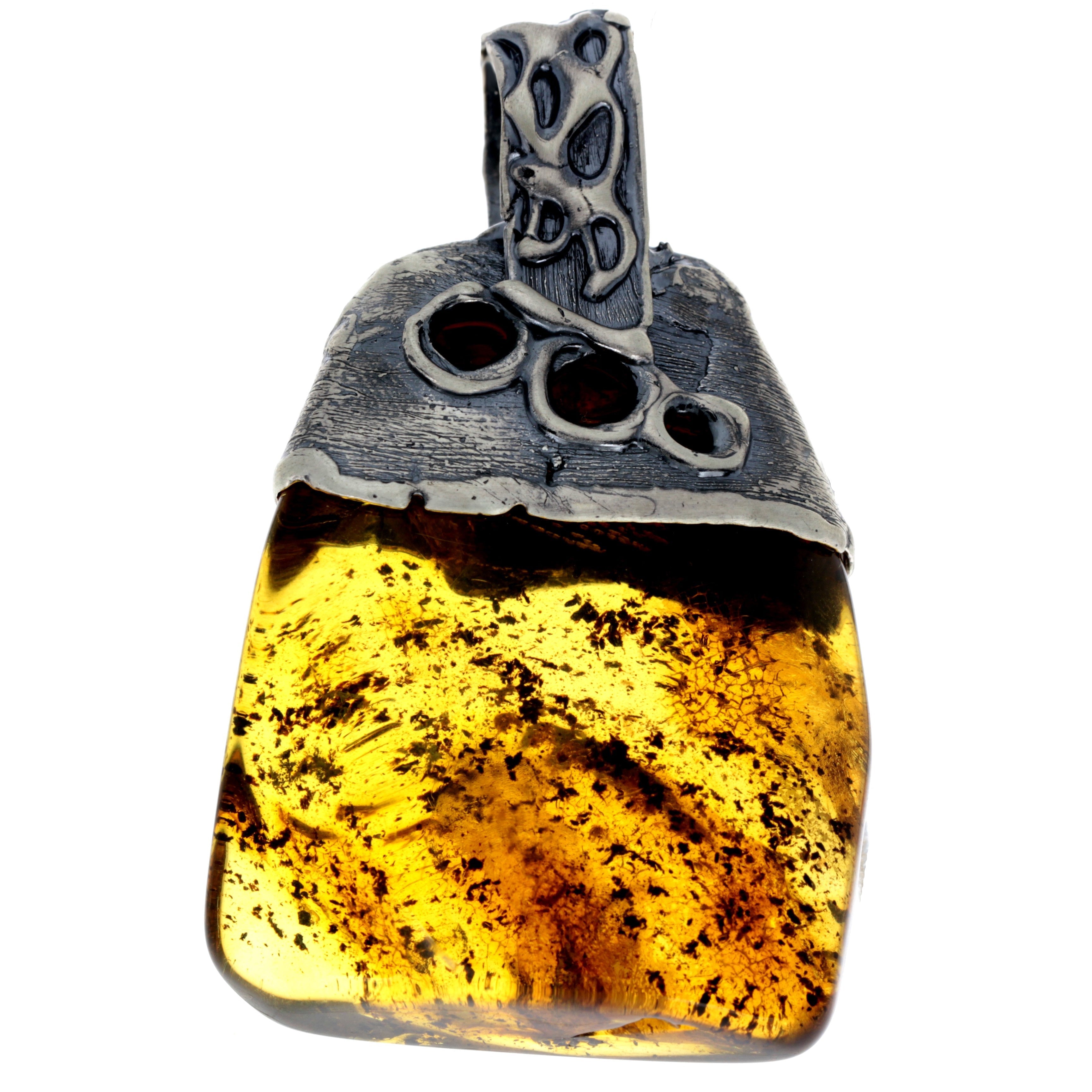 925 Sterling Silver & Genuine Cognac Baltic Amber Exlusive Unique Pendant - PD2217