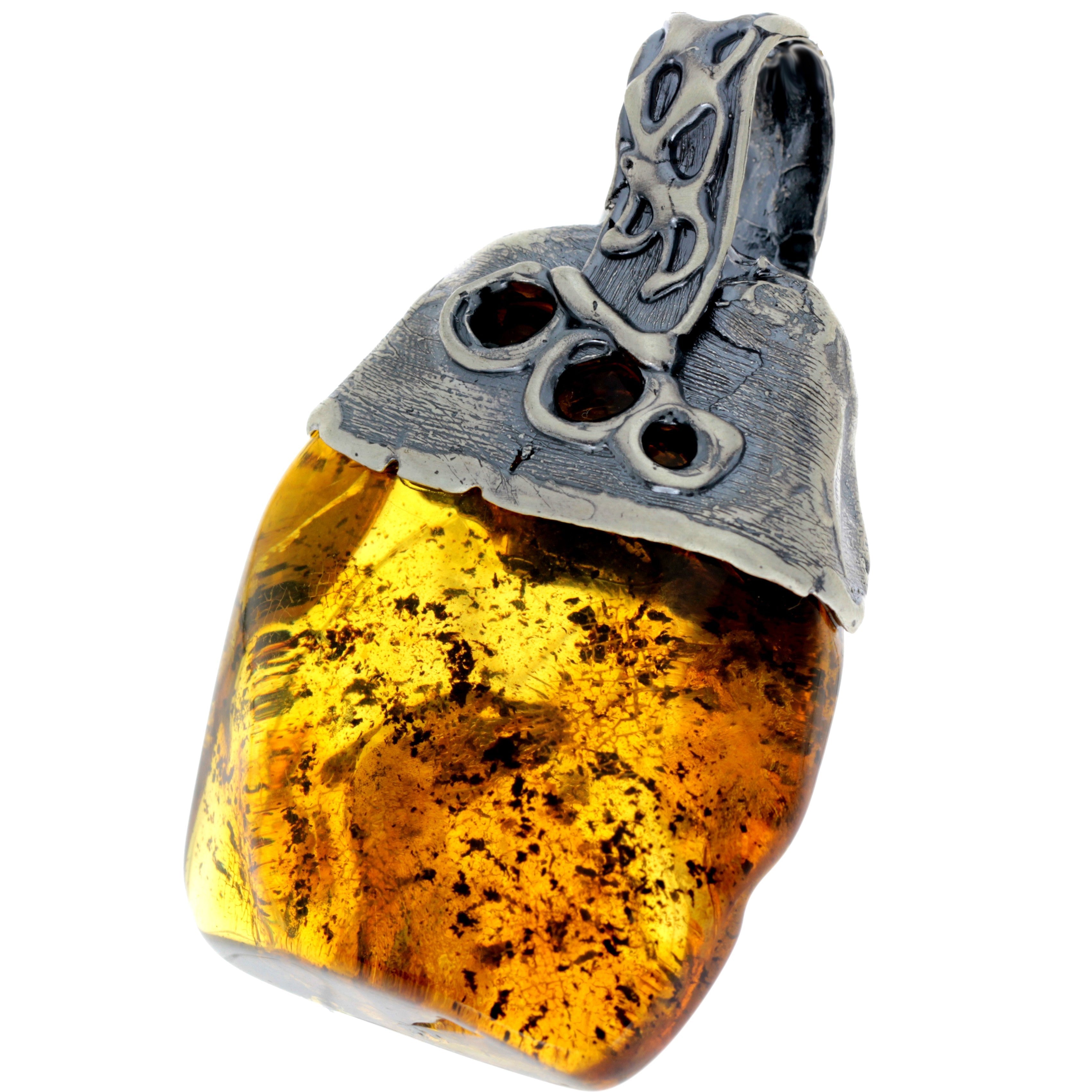 925 Sterling Silver & Genuine Cognac Baltic Amber Exlusive Unique Pendant - PD2217