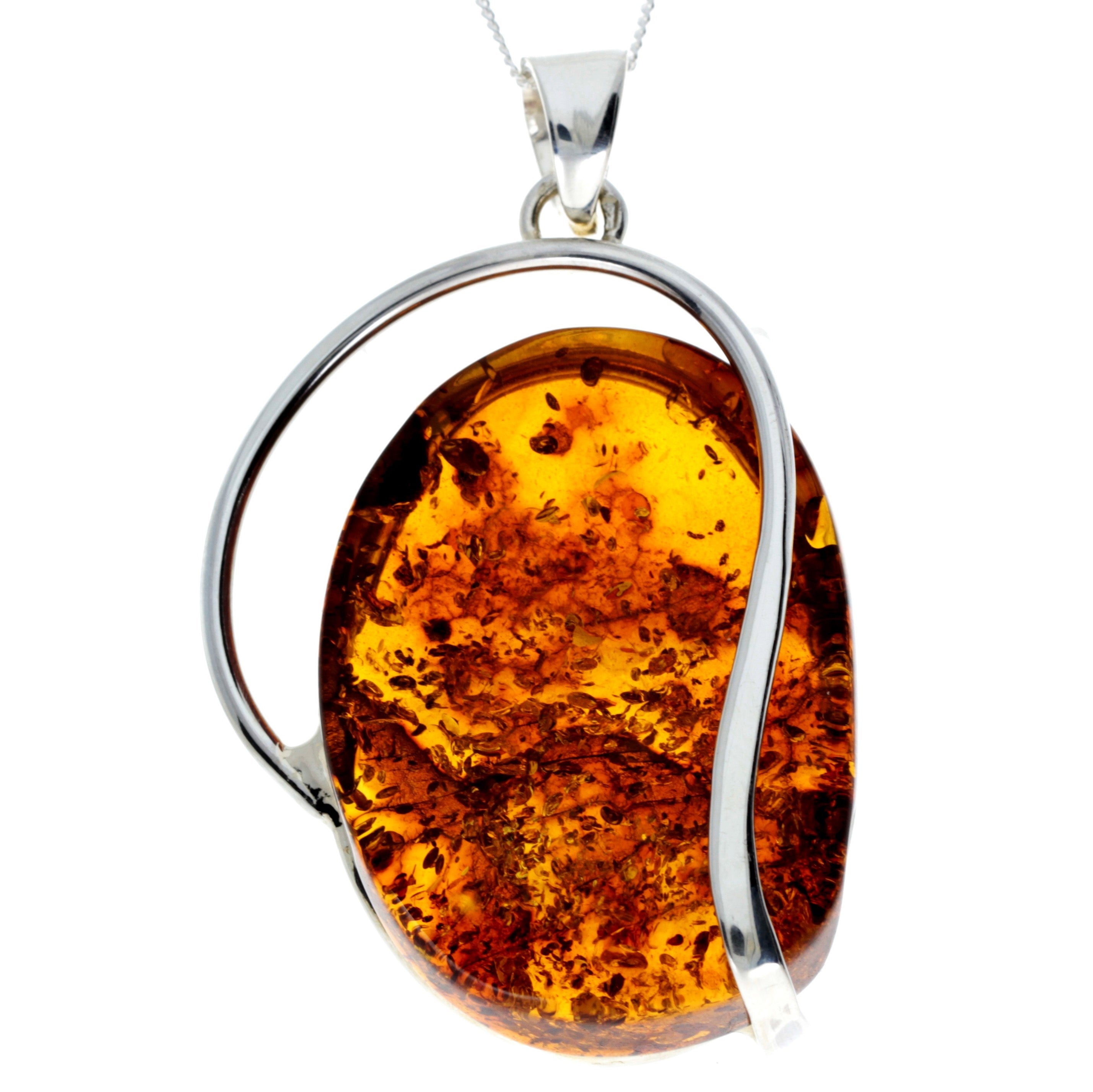 925 Sterling Silver & Genuine Cognac Baltic Amber Exlusive Unique Pendant - PD2263