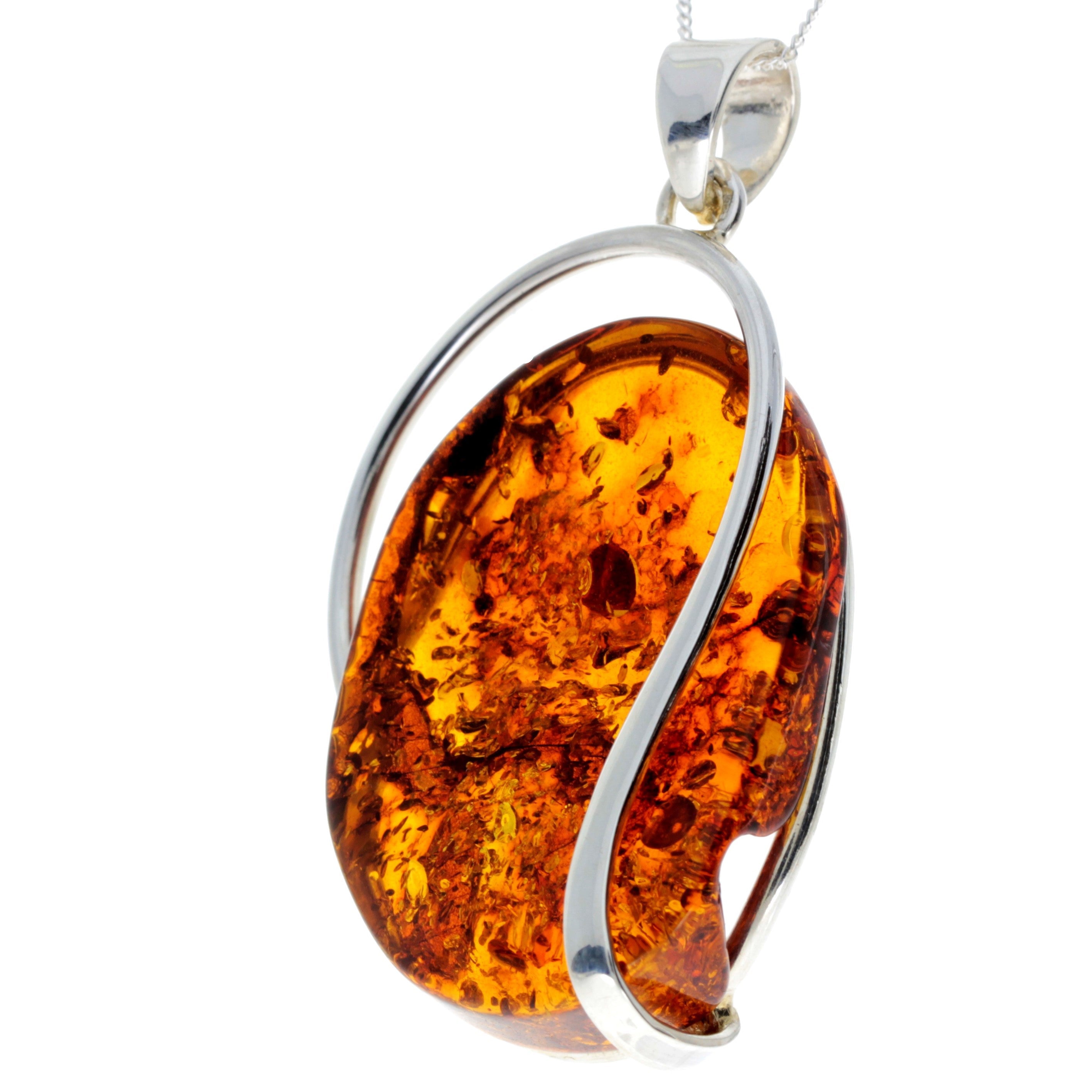 925 Sterling Silver & Genuine Cognac Baltic Amber Exlusive Unique Pendant - PD2263