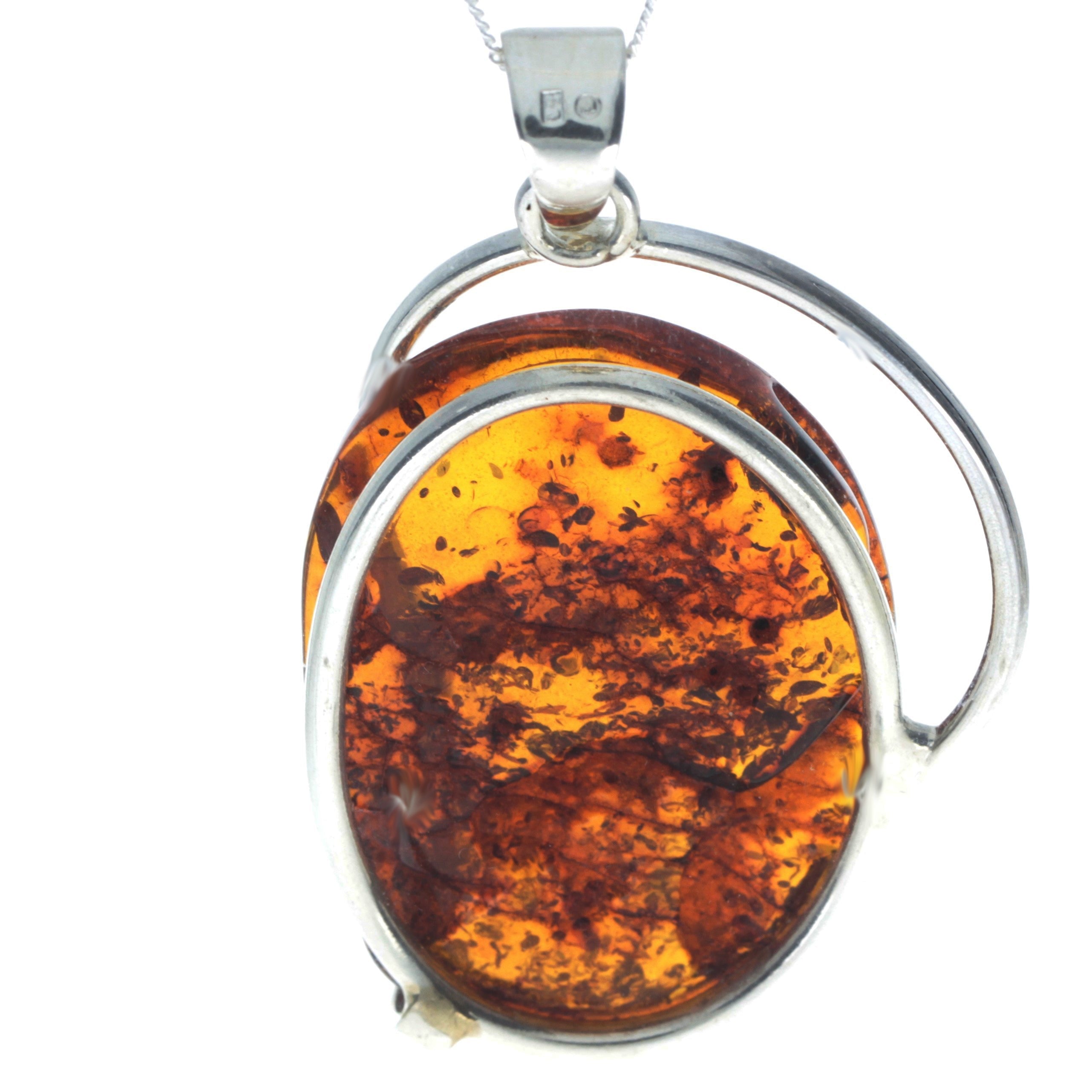 925 Sterling Silver & Genuine Cognac Baltic Amber Exlusive Unique Pendant - PD2263