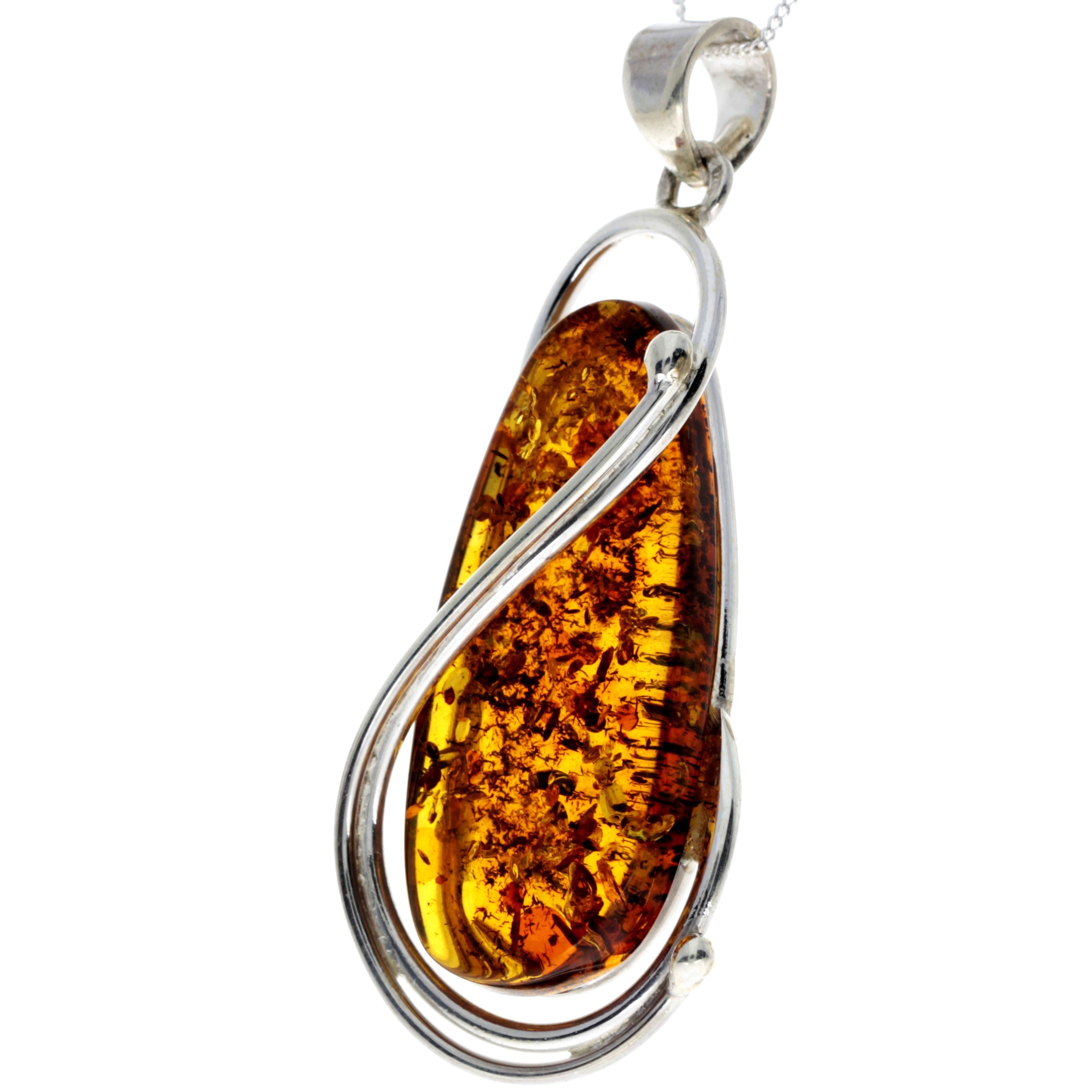 925 Sterling Silver & Genuine Cognac Baltic Amber Exlusive Unique Pendant - PD2273