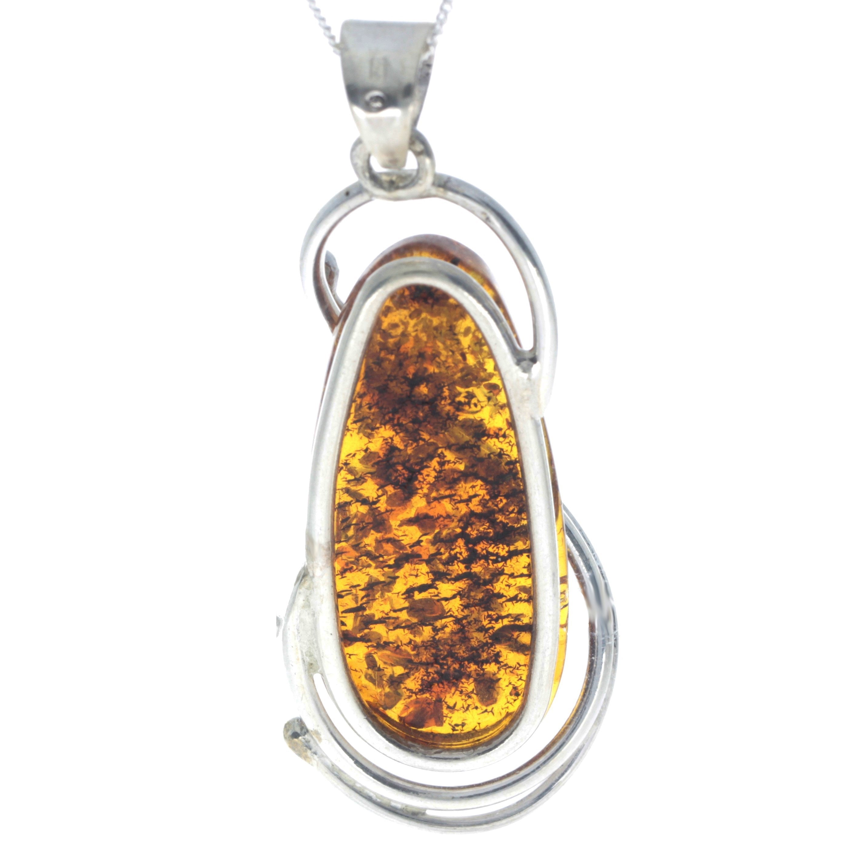 925 Sterling Silver & Genuine Cognac Baltic Amber Exlusive Unique Pendant - PD2273