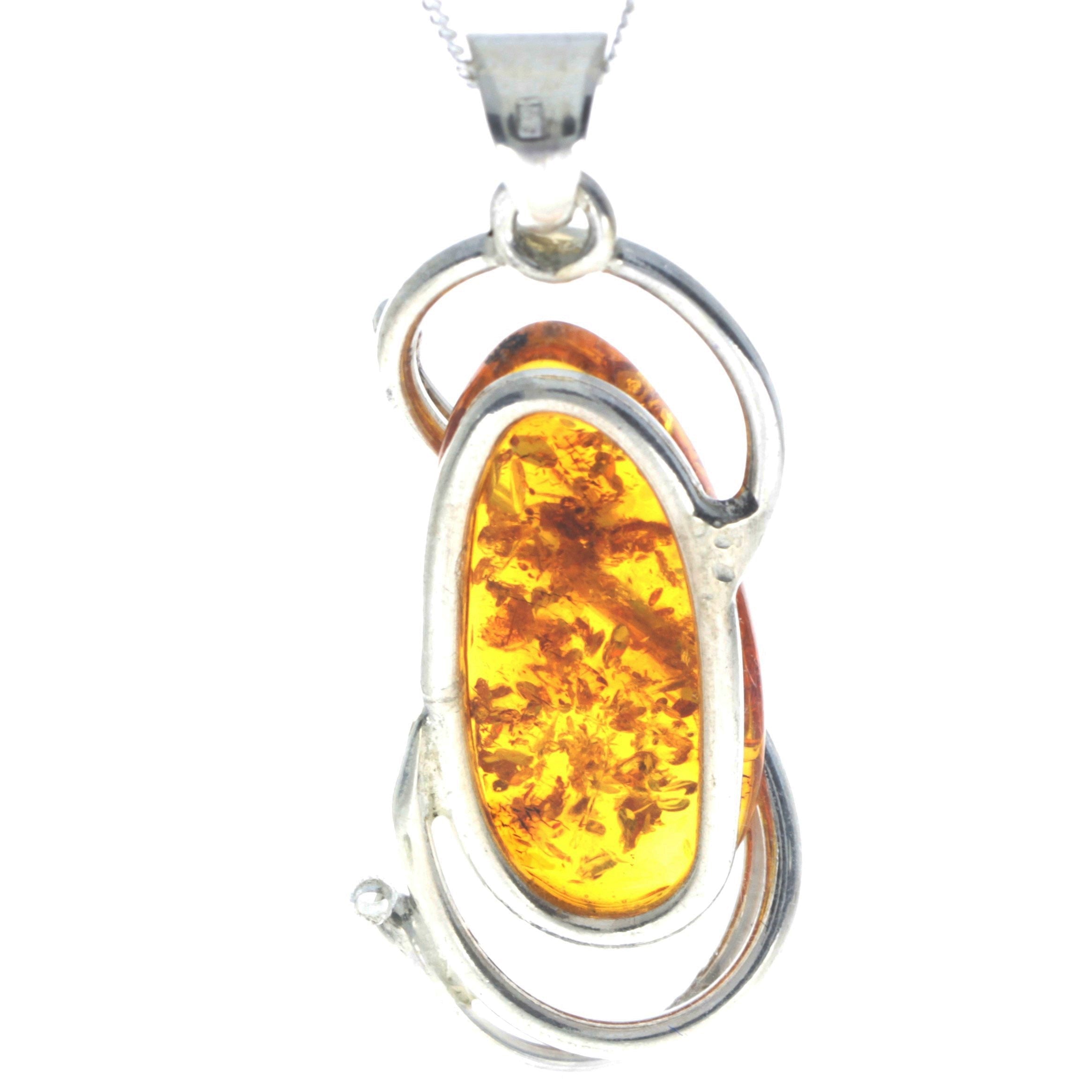 925 Sterling Silver & Genuine Cognac Baltic Amber Exlusive Unique Pendant - PD2276