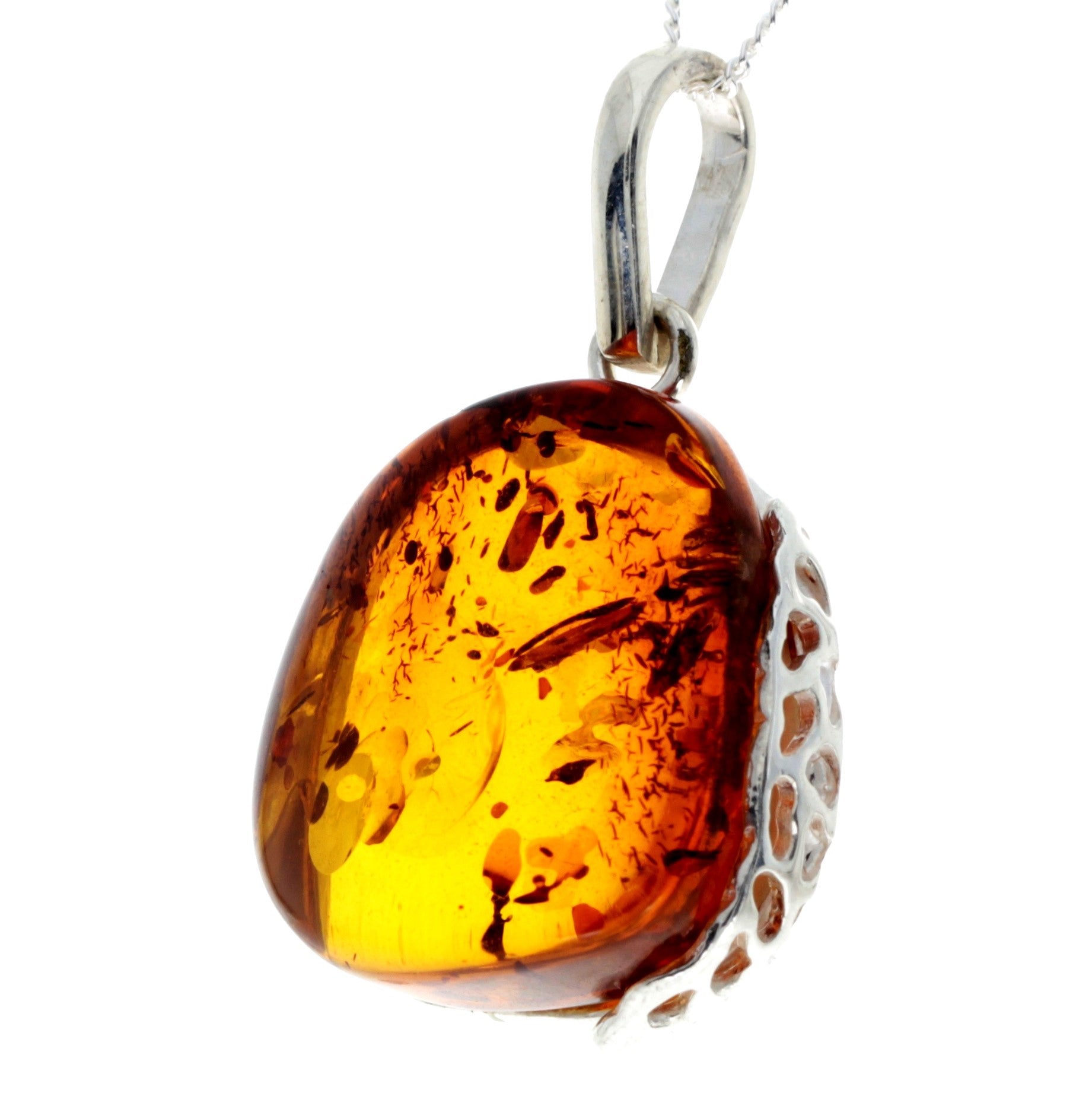 925 Sterling Silver & Genuine Cognac Baltic Amber Exlusive Unique Pendant - PD2284