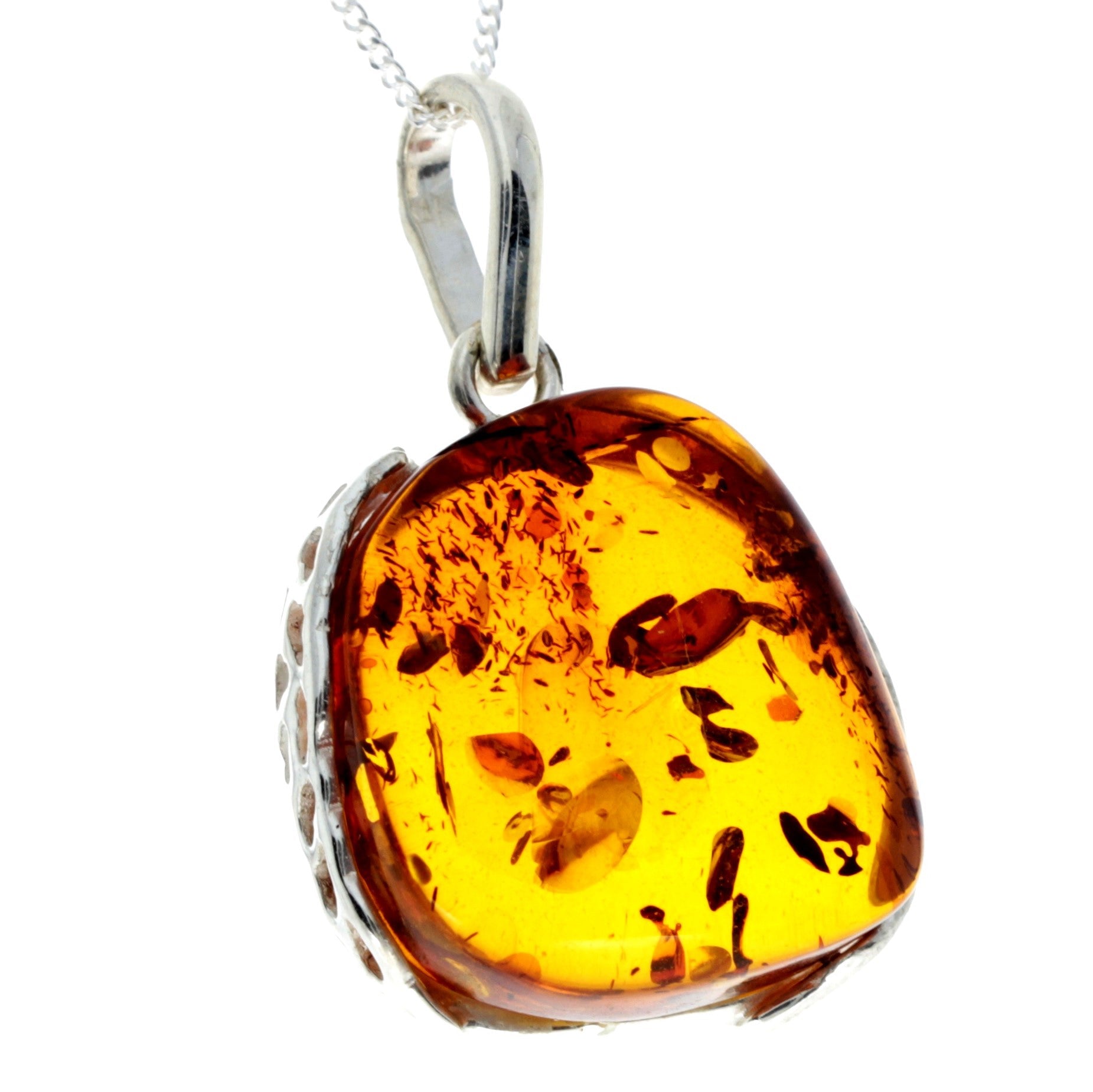 925 Sterling Silver & Genuine Cognac Baltic Amber Exlusive Unique Pendant - PD2284