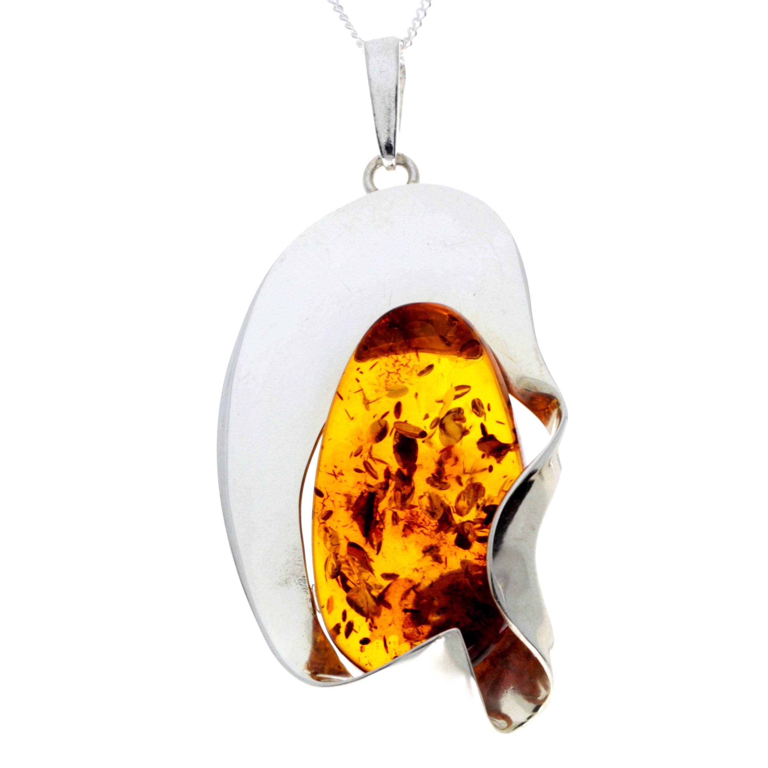 925 Sterling Silver & Genuine Cognac Baltic Amber Exlusive Unique Pendant - PD2290