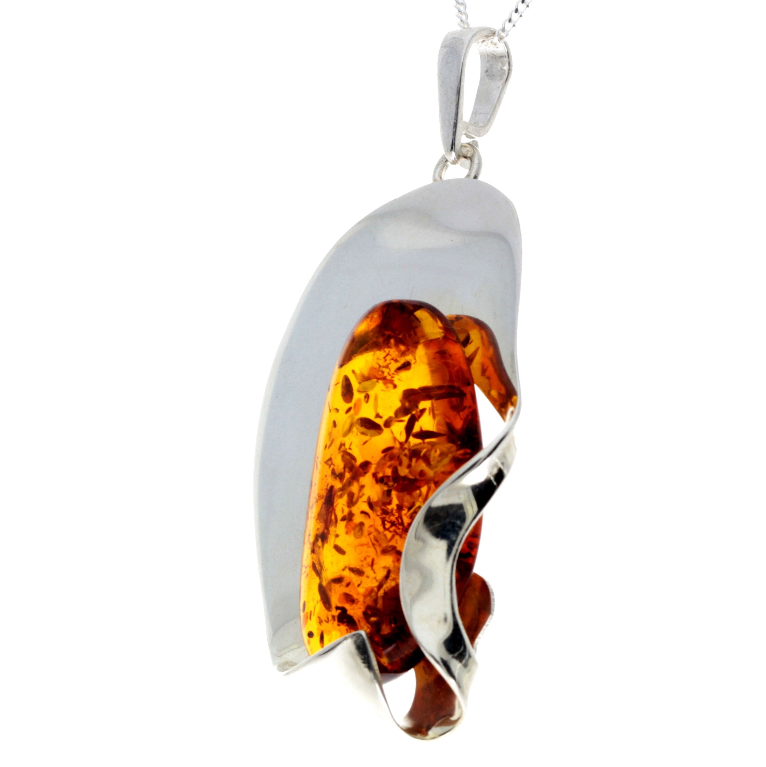 925 Sterling Silver & Genuine Cognac Baltic Amber Exlusive Unique Pendant - PD2290