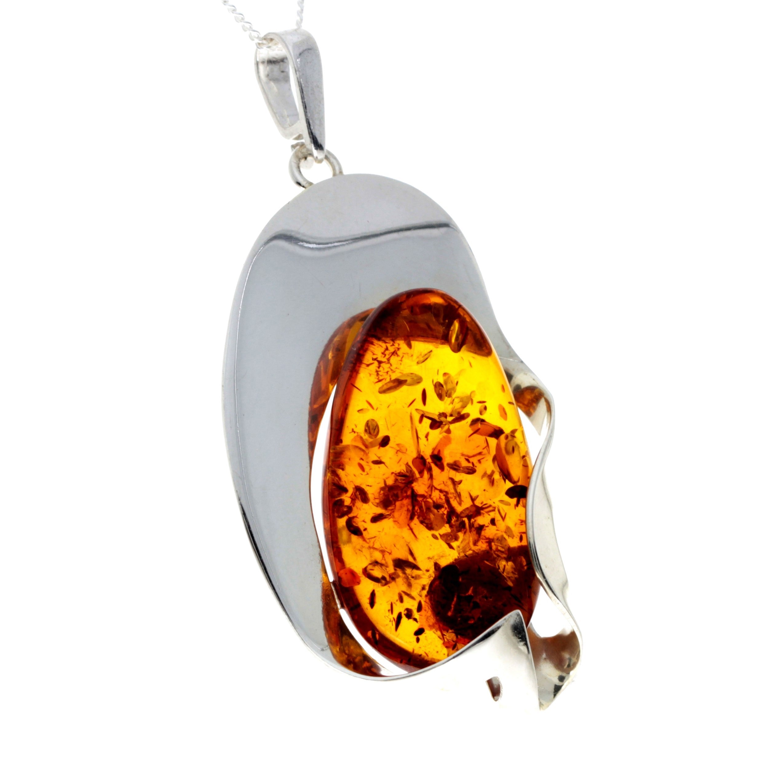 925 Sterling Silver & Genuine Cognac Baltic Amber Exlusive Unique Pendant - PD2290