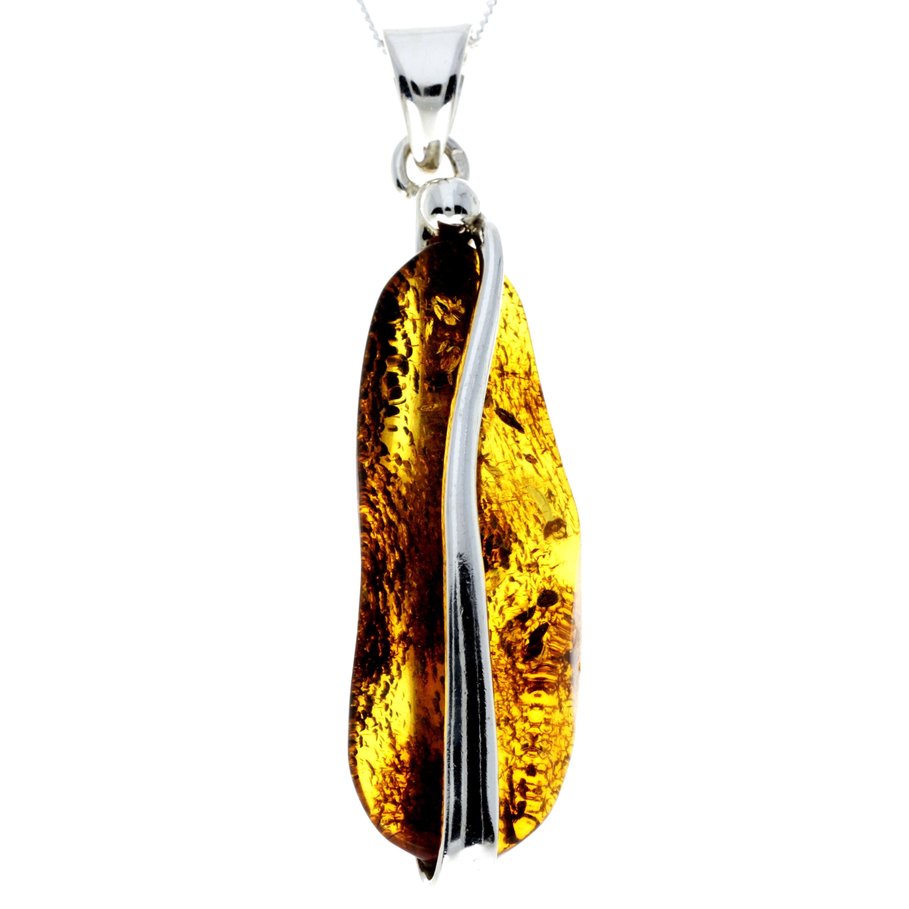 925 Sterling Silver & Genuine Cognac Baltic Amber Exlusive Unique Pendant - PD2292