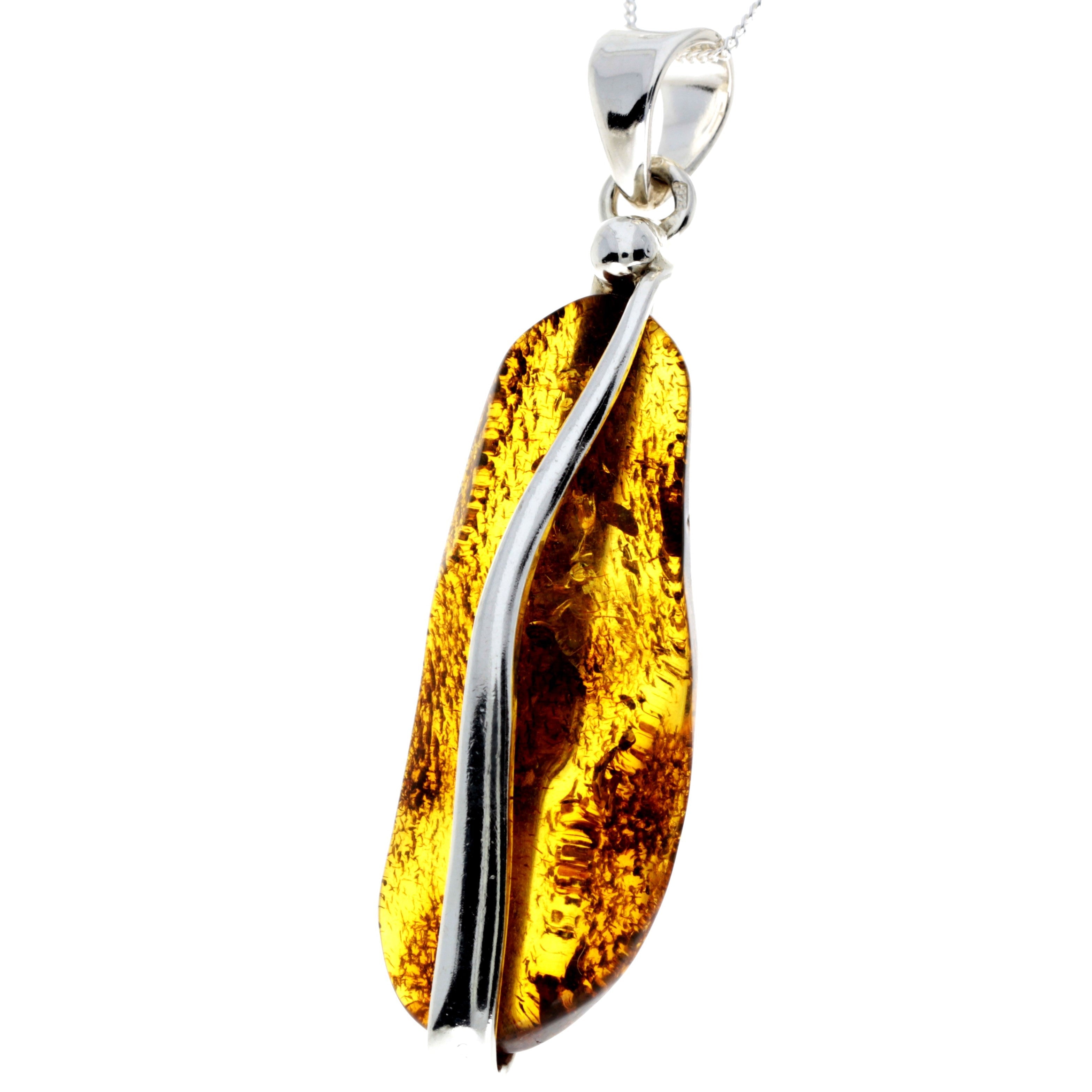 925 Sterling Silver & Genuine Cognac Baltic Amber Exlusive Unique Pendant - PD2292