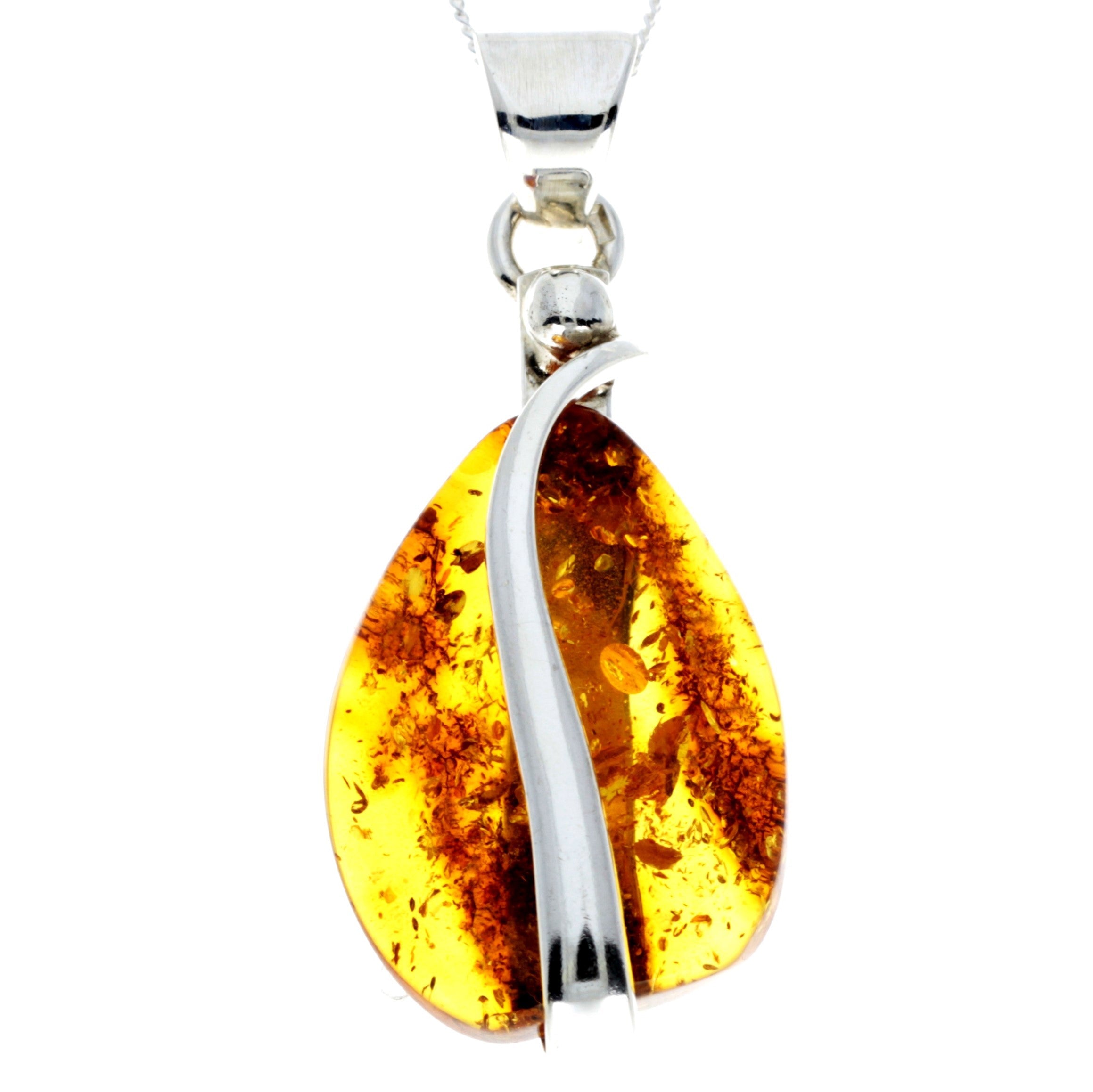 925 Sterling Silver & Genuine Cognac Baltic Amber Exlusive Unique Pendant - PD2295