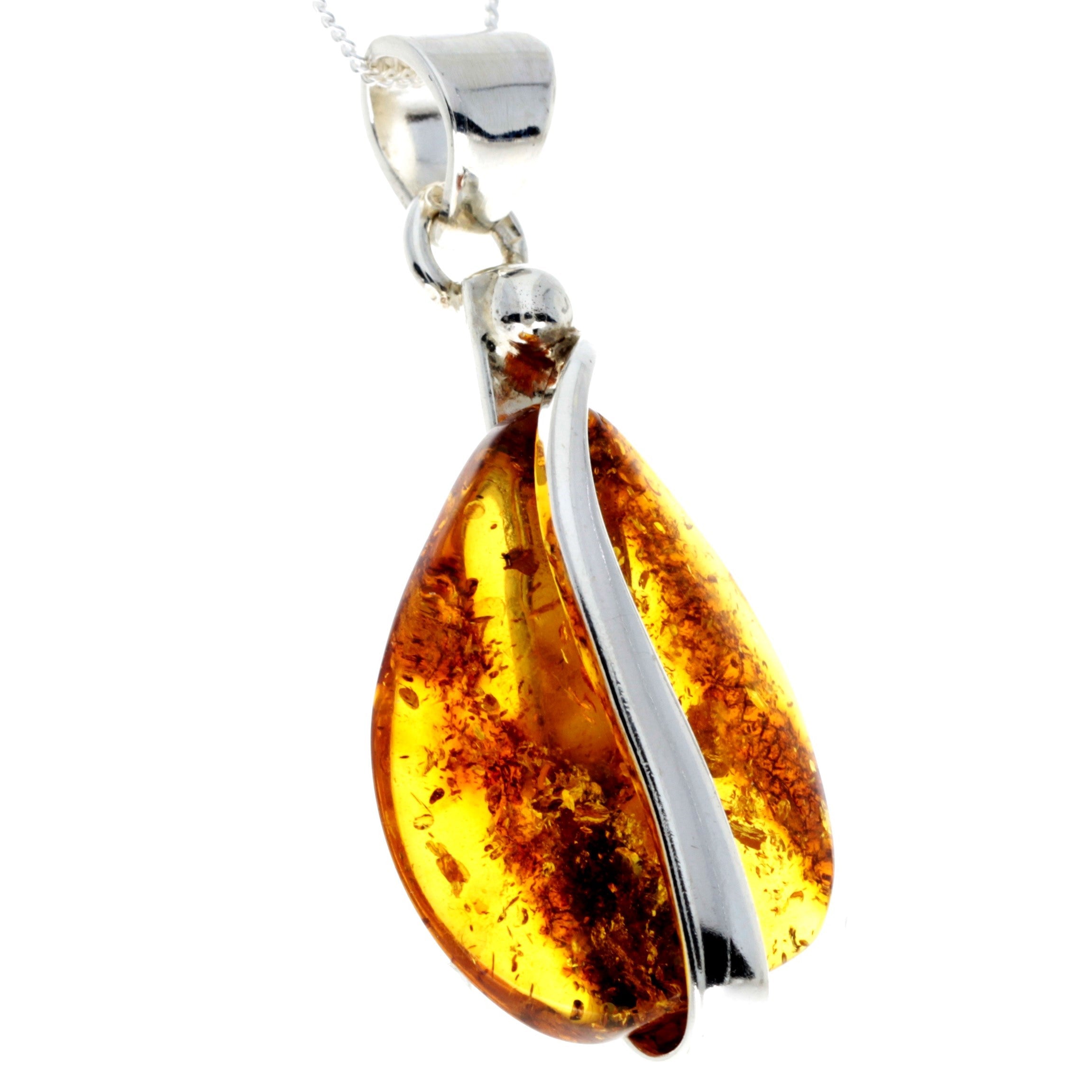 925 Sterling Silver & Genuine Cognac Baltic Amber Exlusive Unique Pendant - PD2295