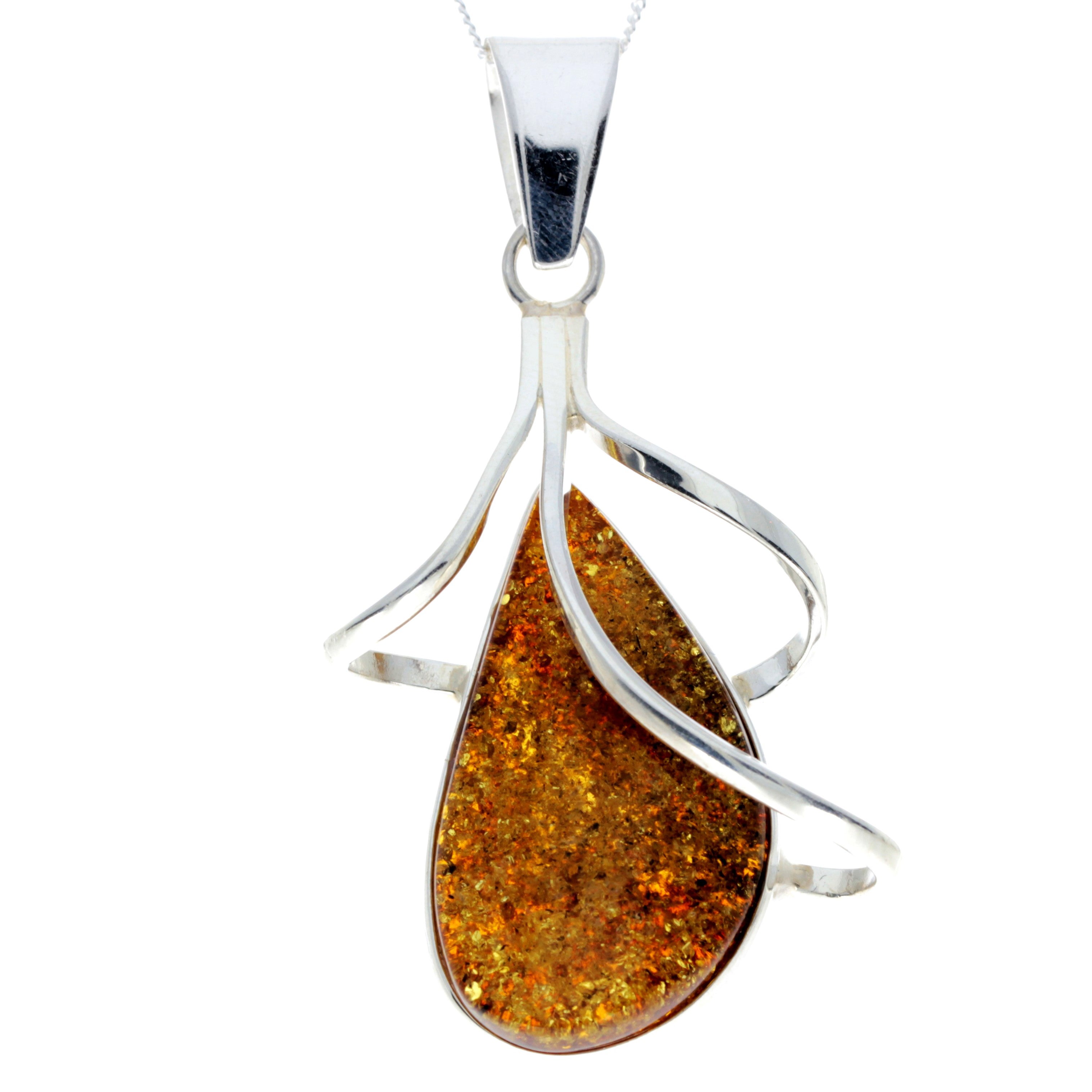 925 Sterling Silver & Genuine Green Baltic Amber Exlusive Unique Pendant - PD2302