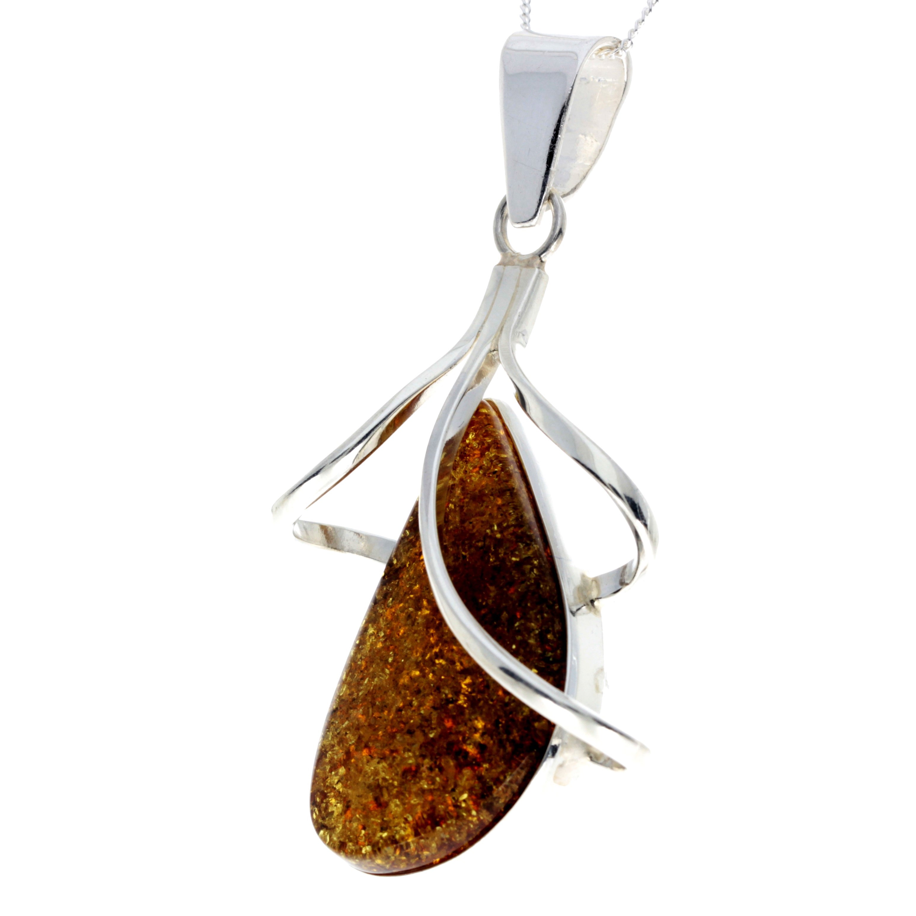 925 Sterling Silver & Genuine Green Baltic Amber Exlusive Unique Pendant - PD2302