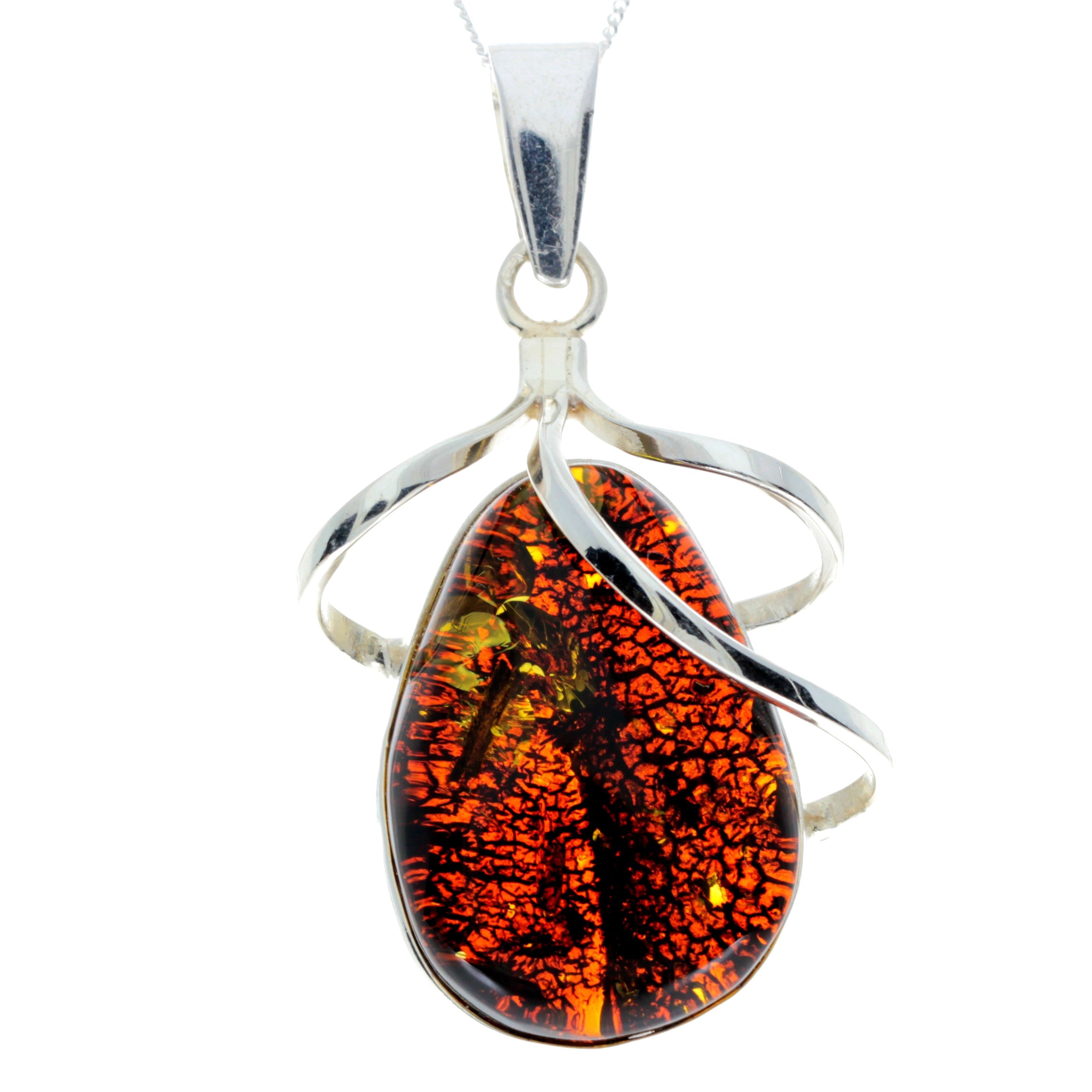 925 Sterling Silver & Genuine Green Baltic Amber Exlusive Unique Pendant - PD2303