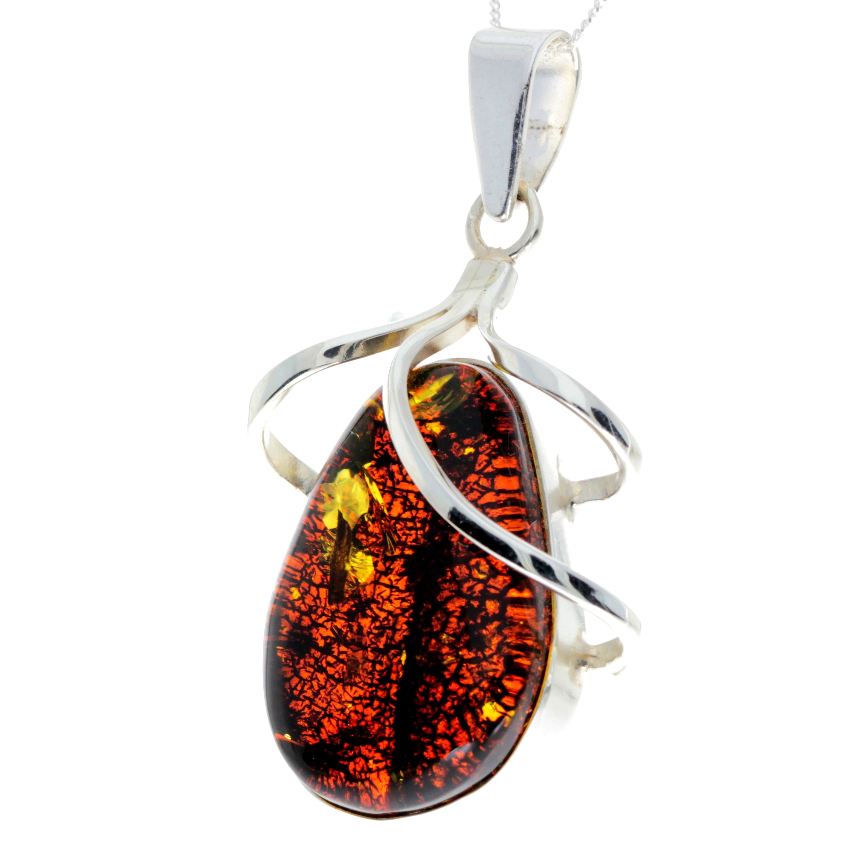 925 Sterling Silver & Genuine Green Baltic Amber Exlusive Unique Pendant - PD2303