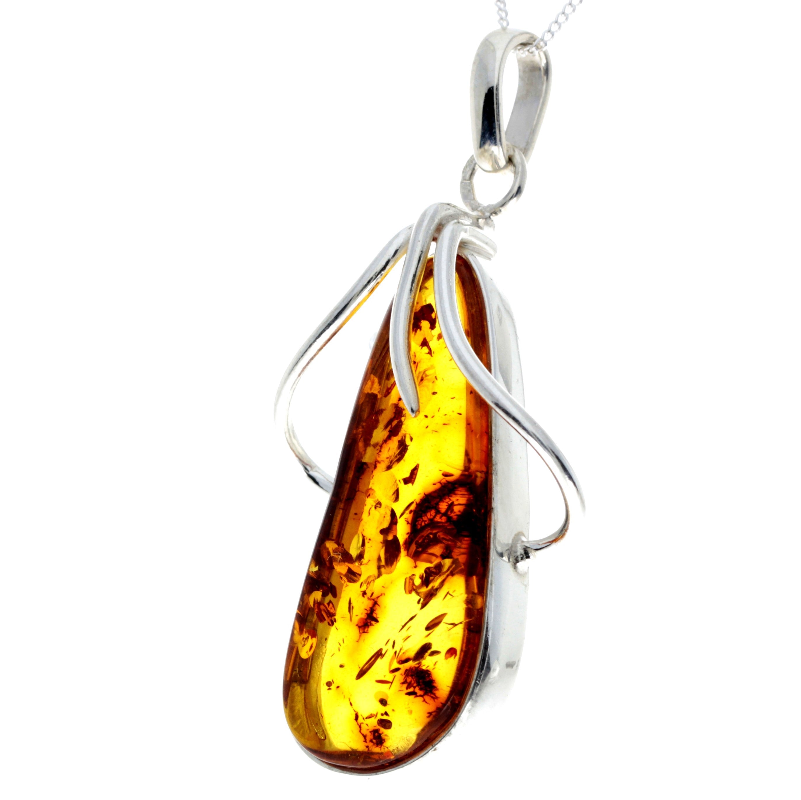 925 Sterling Silver & Genuine Cognac Baltic Amber Exlusive Unique Pendant - PD2304