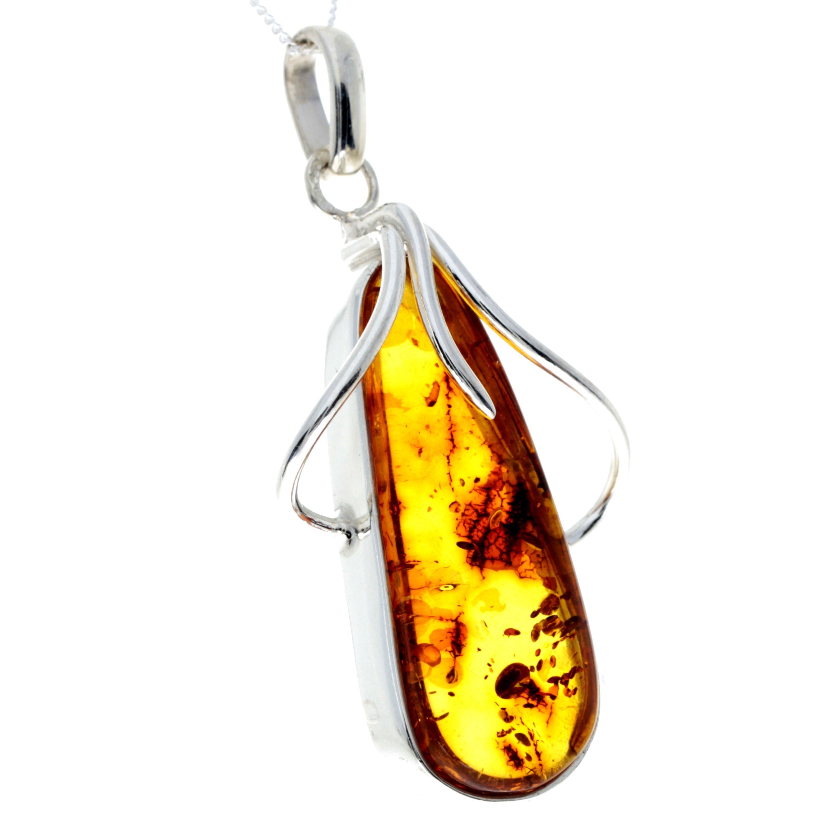 925 Sterling Silver & Genuine Cognac Baltic Amber Exlusive Unique Pendant - PD2304