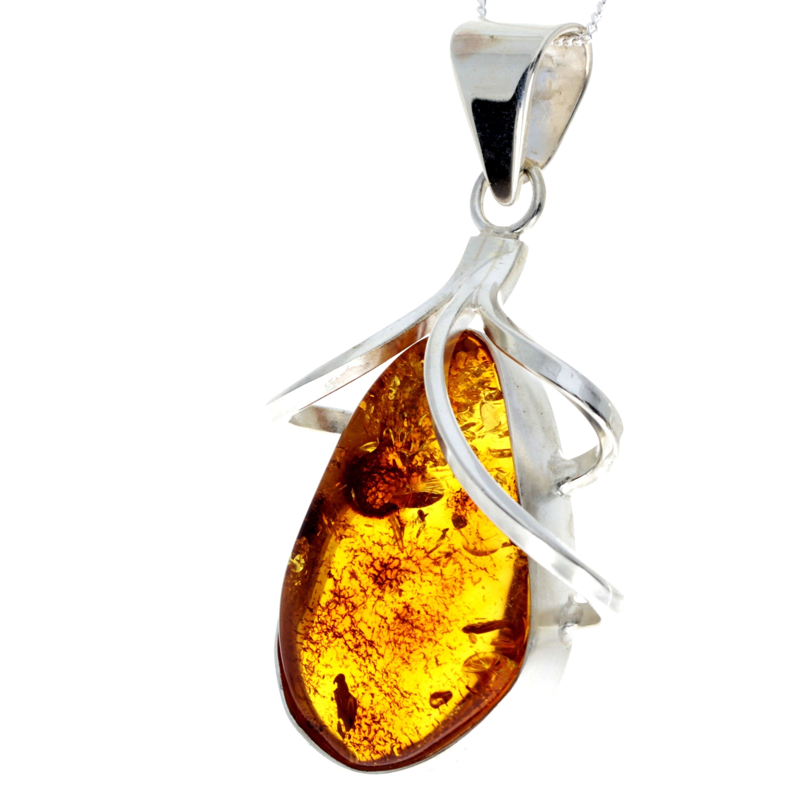 925 Sterling Silver & Genuine Cognac Baltic Amber Exlusive Unique Pendant - PD2305