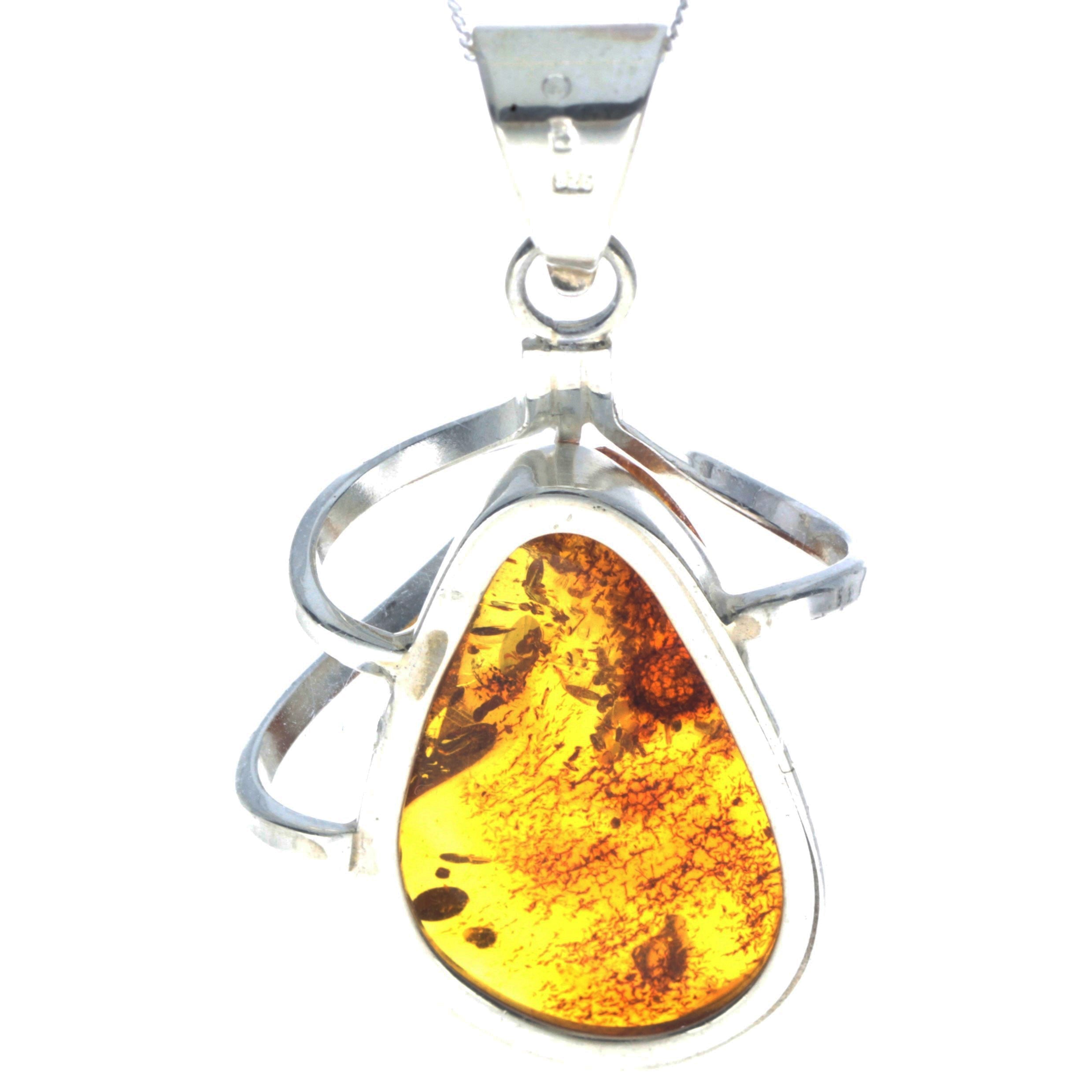 925 Sterling Silver & Genuine Cognac Baltic Amber Exlusive Unique Pendant - PD2305