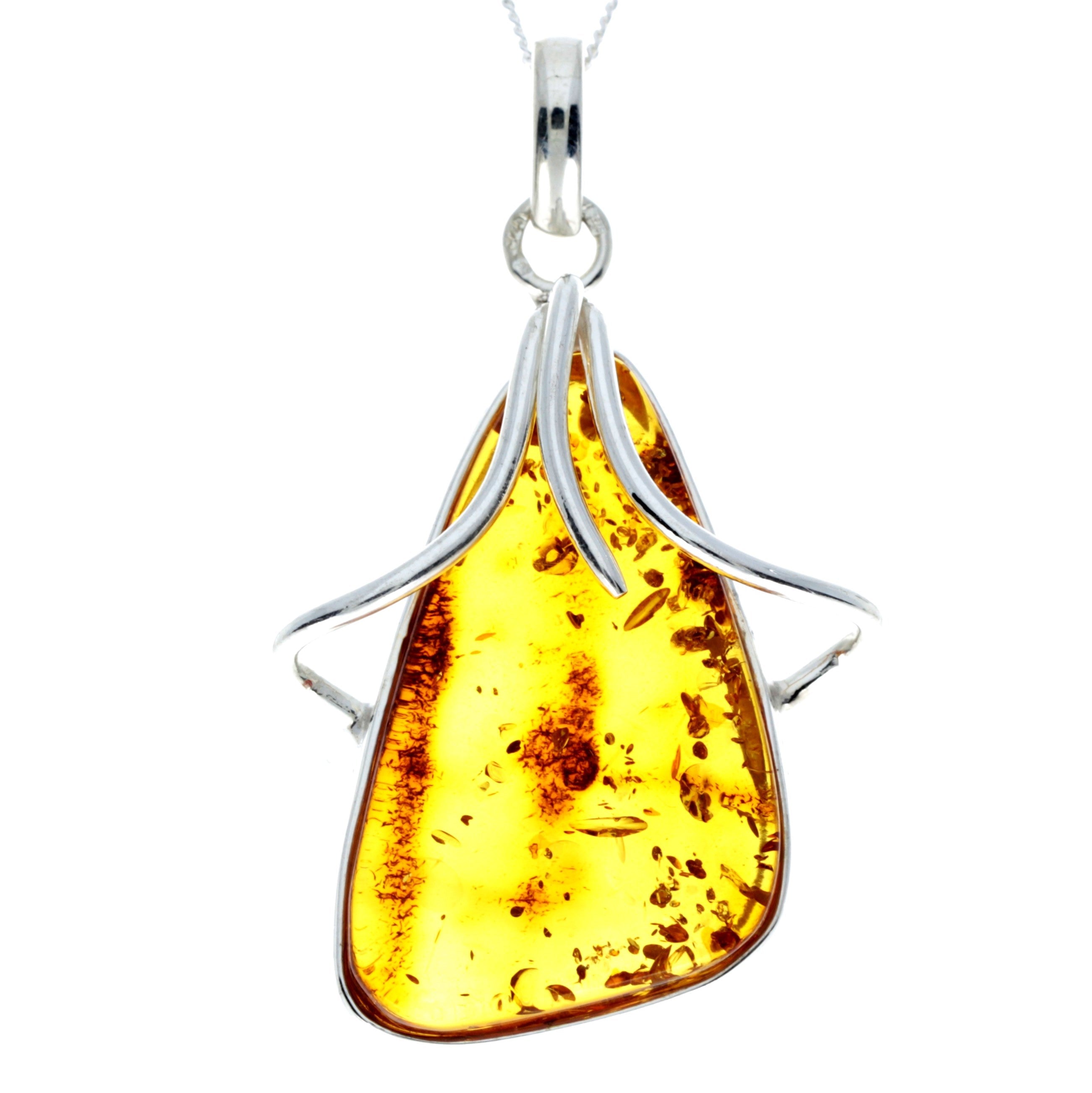 925 Sterling Silver & Genuine Cognac Baltic Amber Exlusive Unique Pendant - PD2306