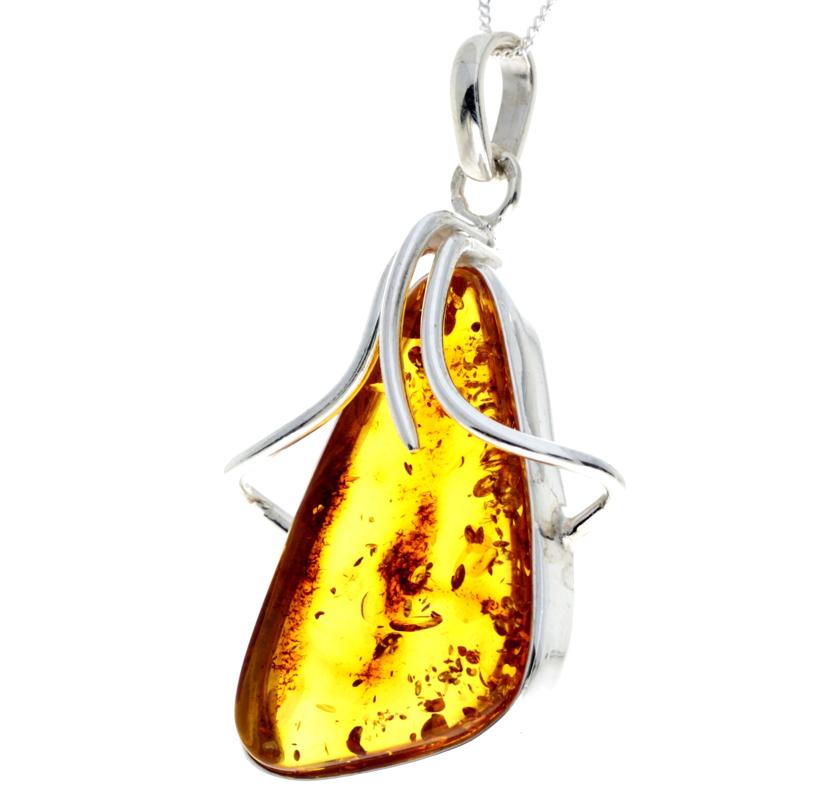 925 Sterling Silver & Genuine Cognac Baltic Amber Exlusive Unique Pendant - PD2306