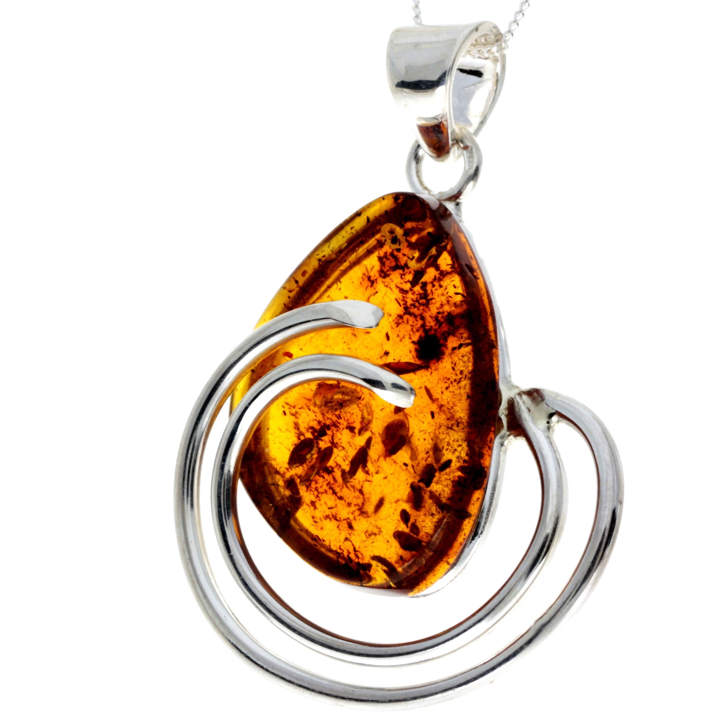 925 Sterling Silver & Genuine Cognac Baltic Amber Exlusive Unique Pendant - PD2319