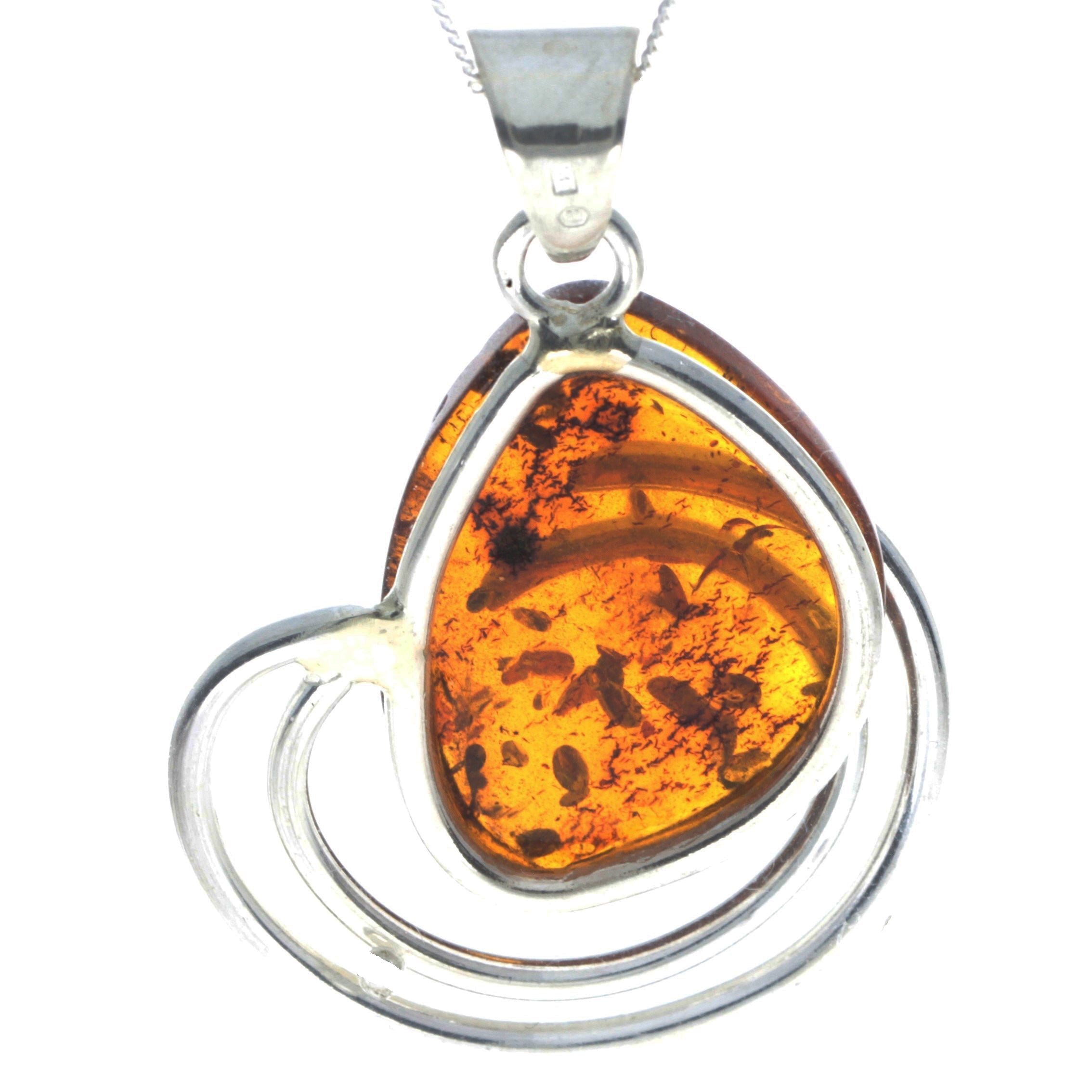 925 Sterling Silver & Genuine Cognac Baltic Amber Exlusive Unique Pendant - PD2319