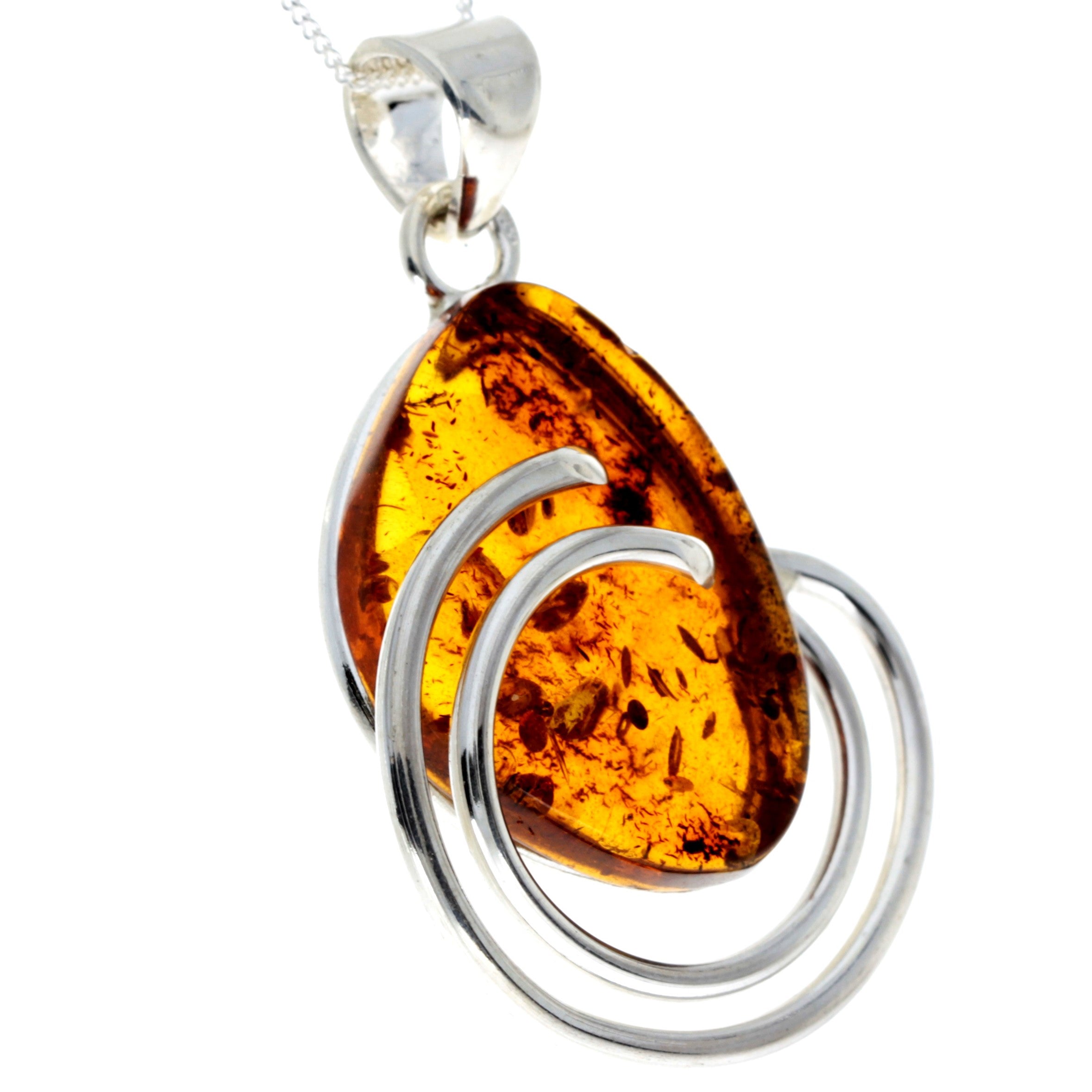 925 Sterling Silver & Genuine Cognac Baltic Amber Exlusive Unique Pendant - PD2319