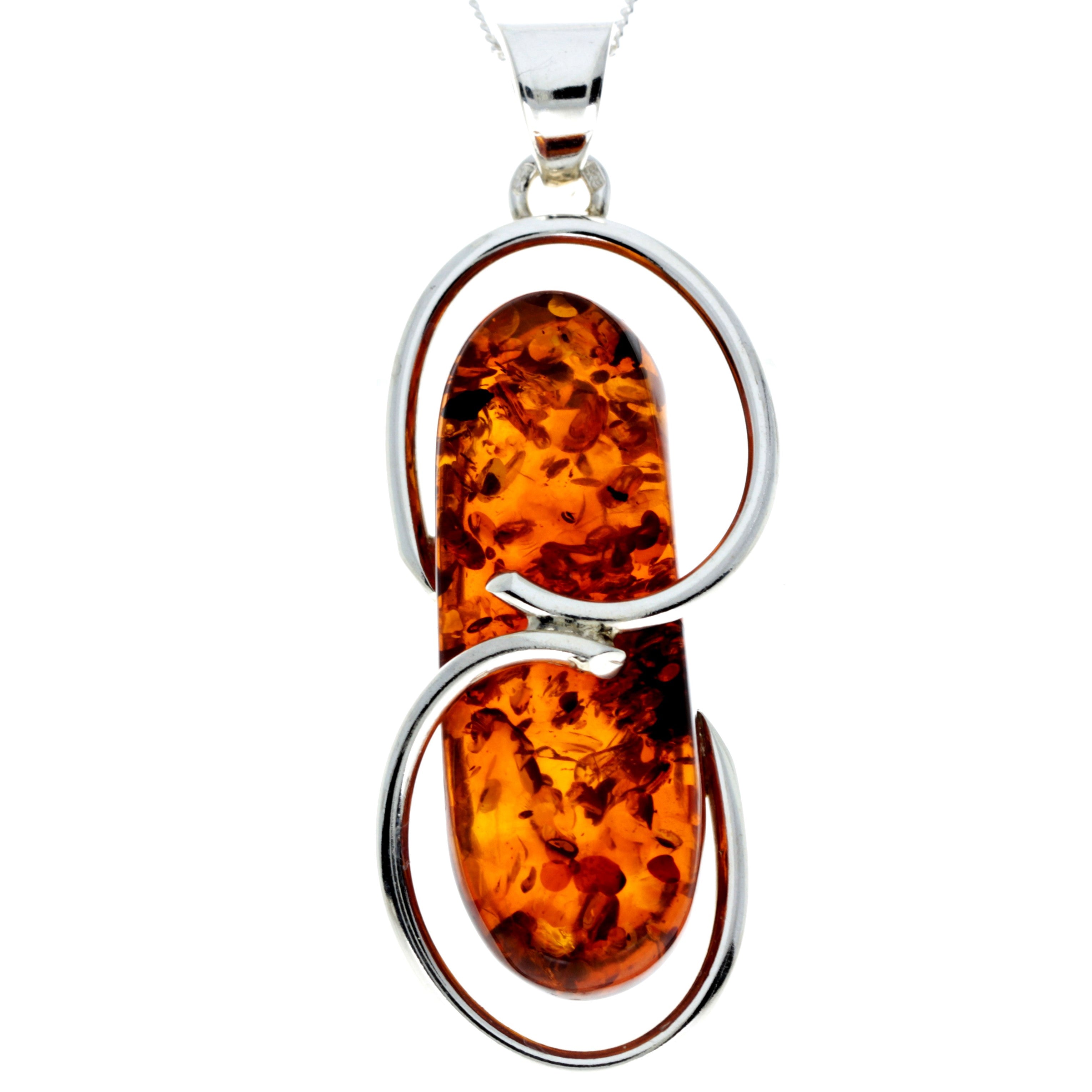 925 Sterling Silver & Genuine Cognac Baltic Amber Exlusive Unique Pendant - PD2324