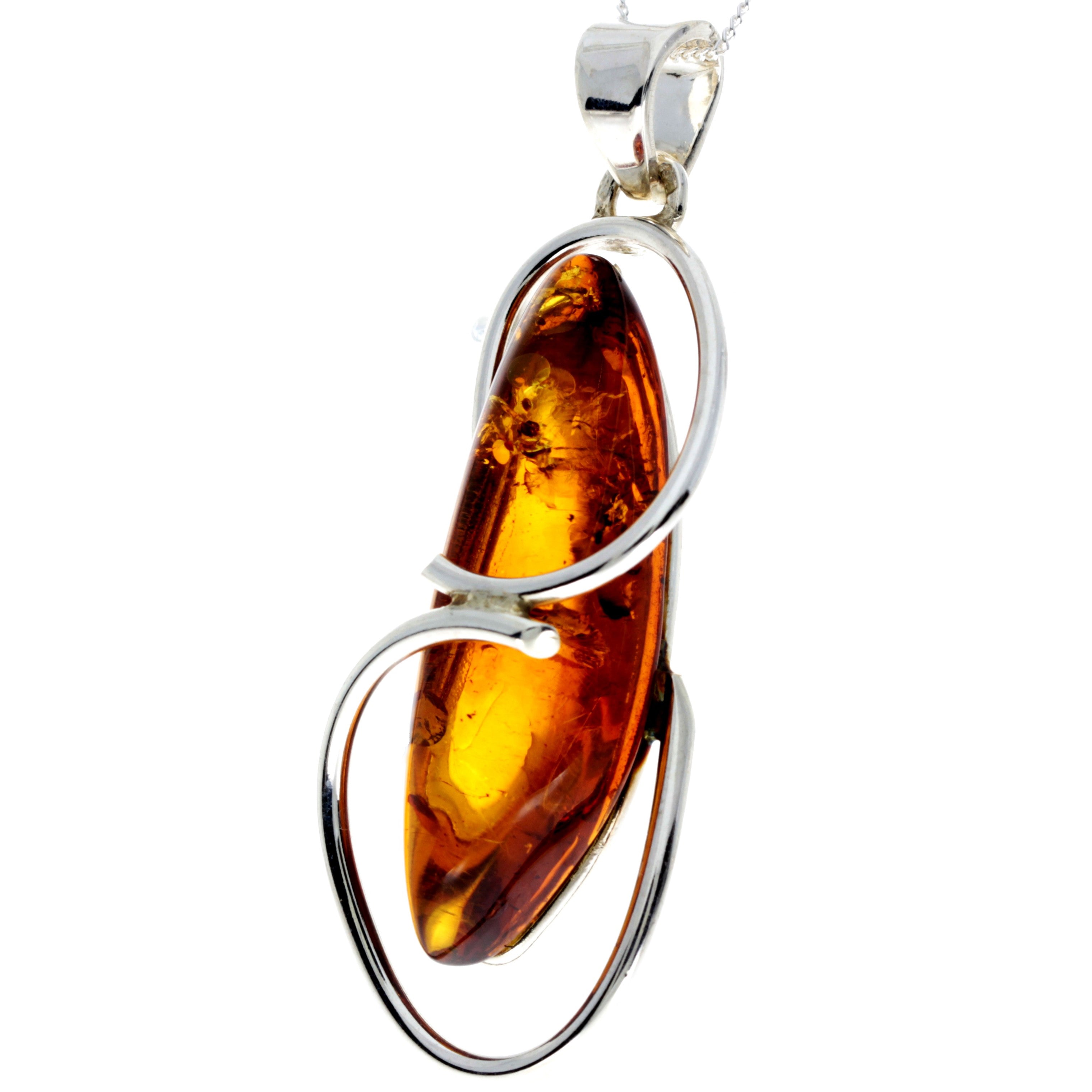 925 Sterling Silver & Genuine Cognac Baltic Amber Exlusive Unique Pendant - PD2325