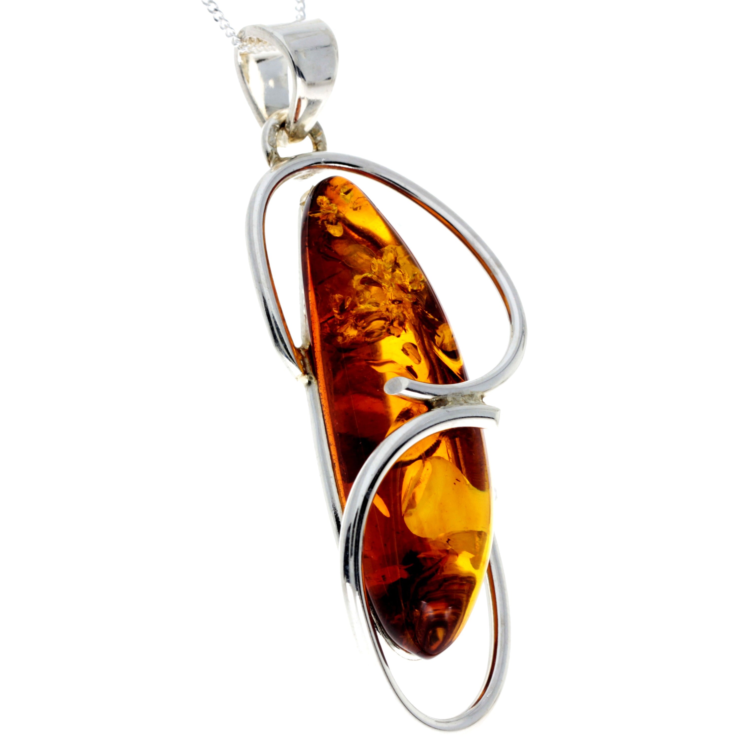 925 Sterling Silver & Genuine Cognac Baltic Amber Exlusive Unique Pendant - PD2325