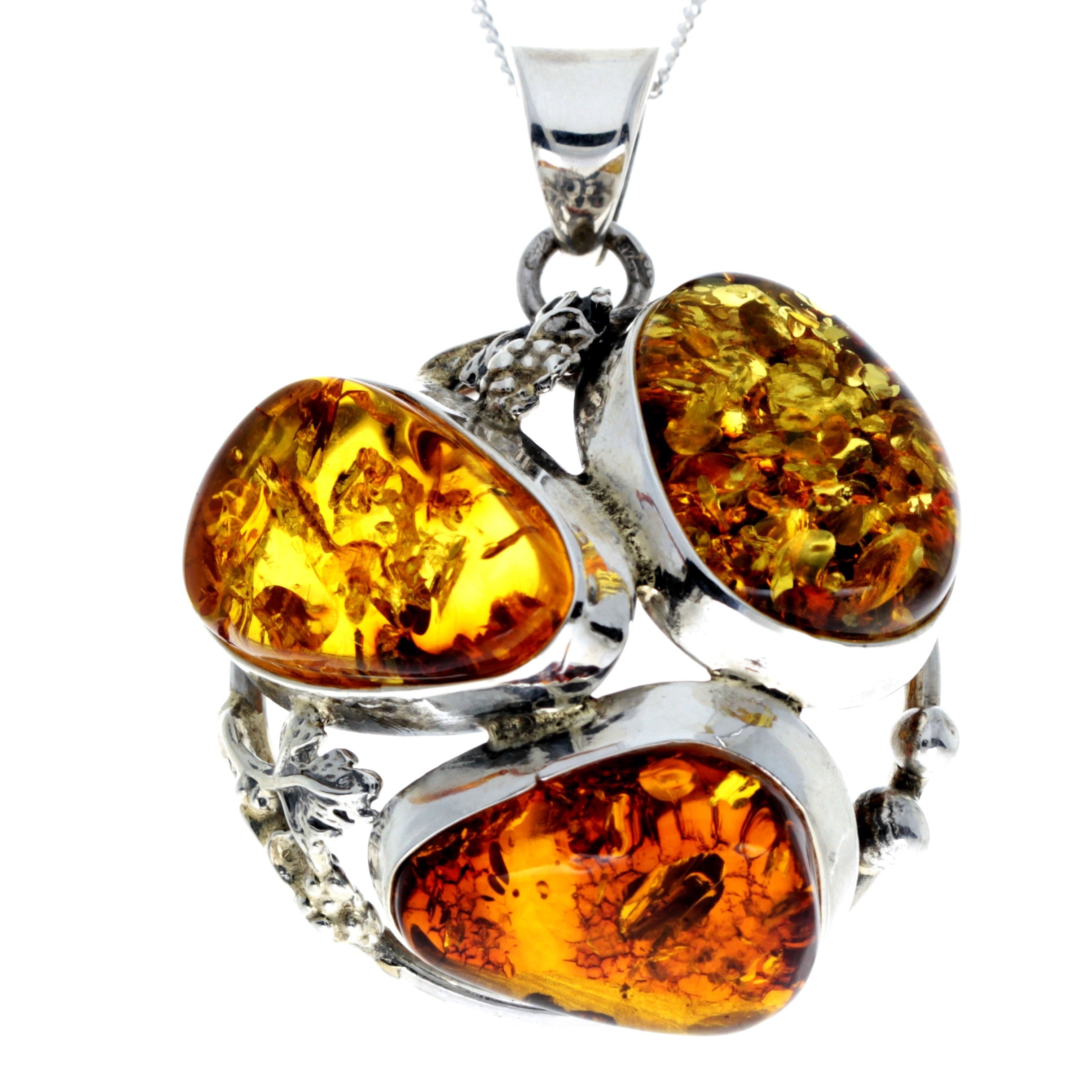 925 Sterling Silver & Genuine Mix Baltic Amber Exlusive Unique Pendant - PD2326