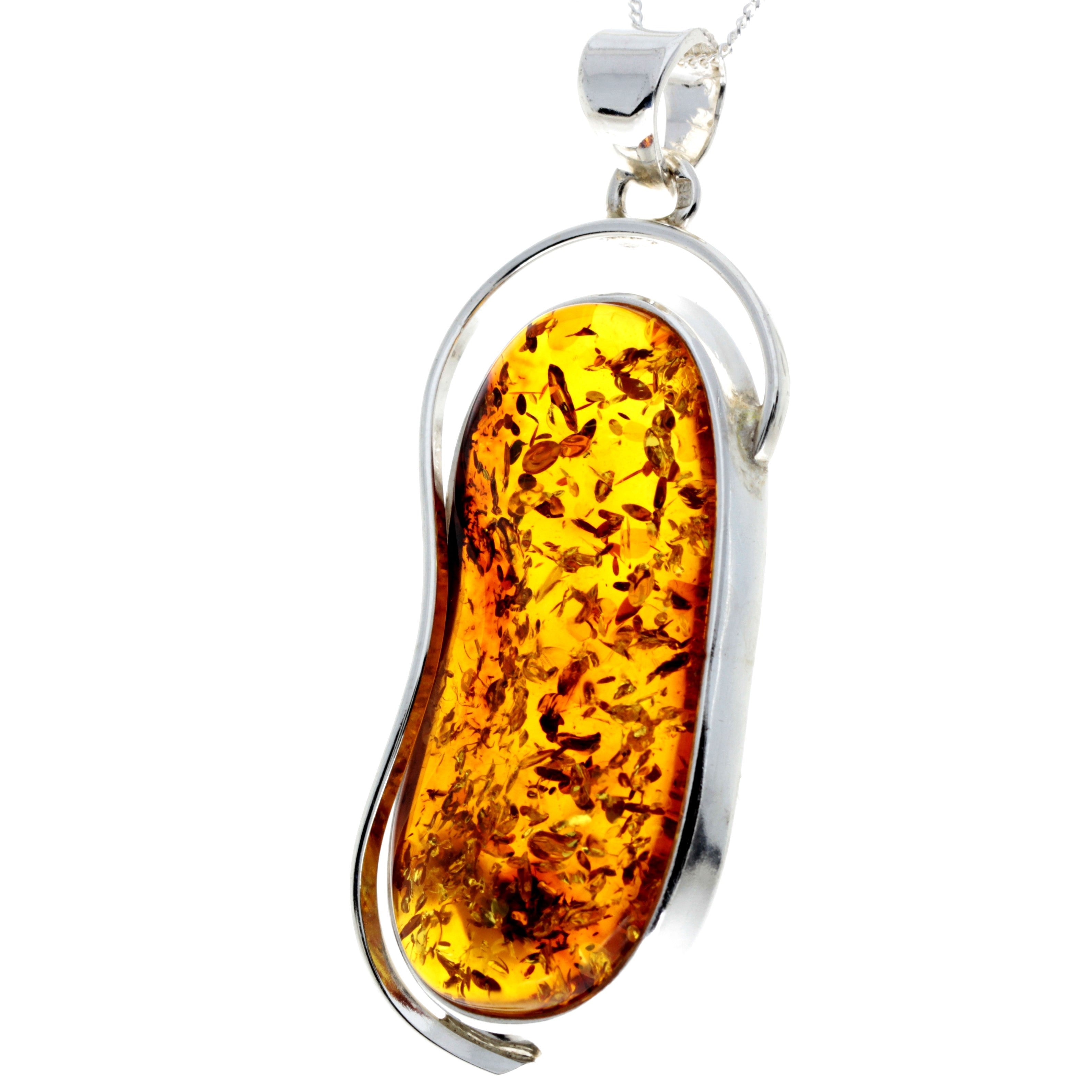 925 Sterling Silver & Genuine Cognac Baltic Amber Exlusive Unique Pendant - PD2338