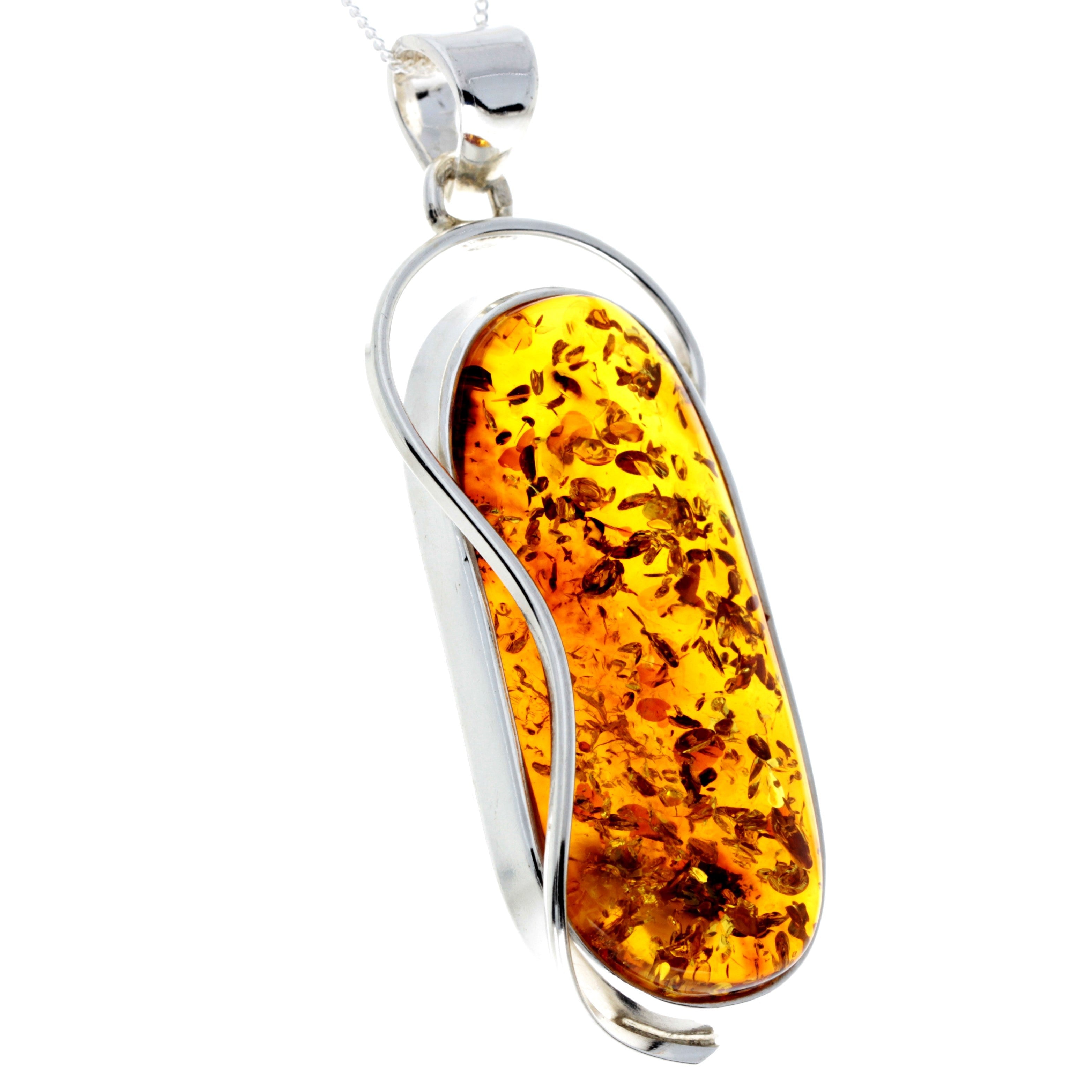 925 Sterling Silver & Genuine Cognac Baltic Amber Exlusive Unique Pendant - PD2338