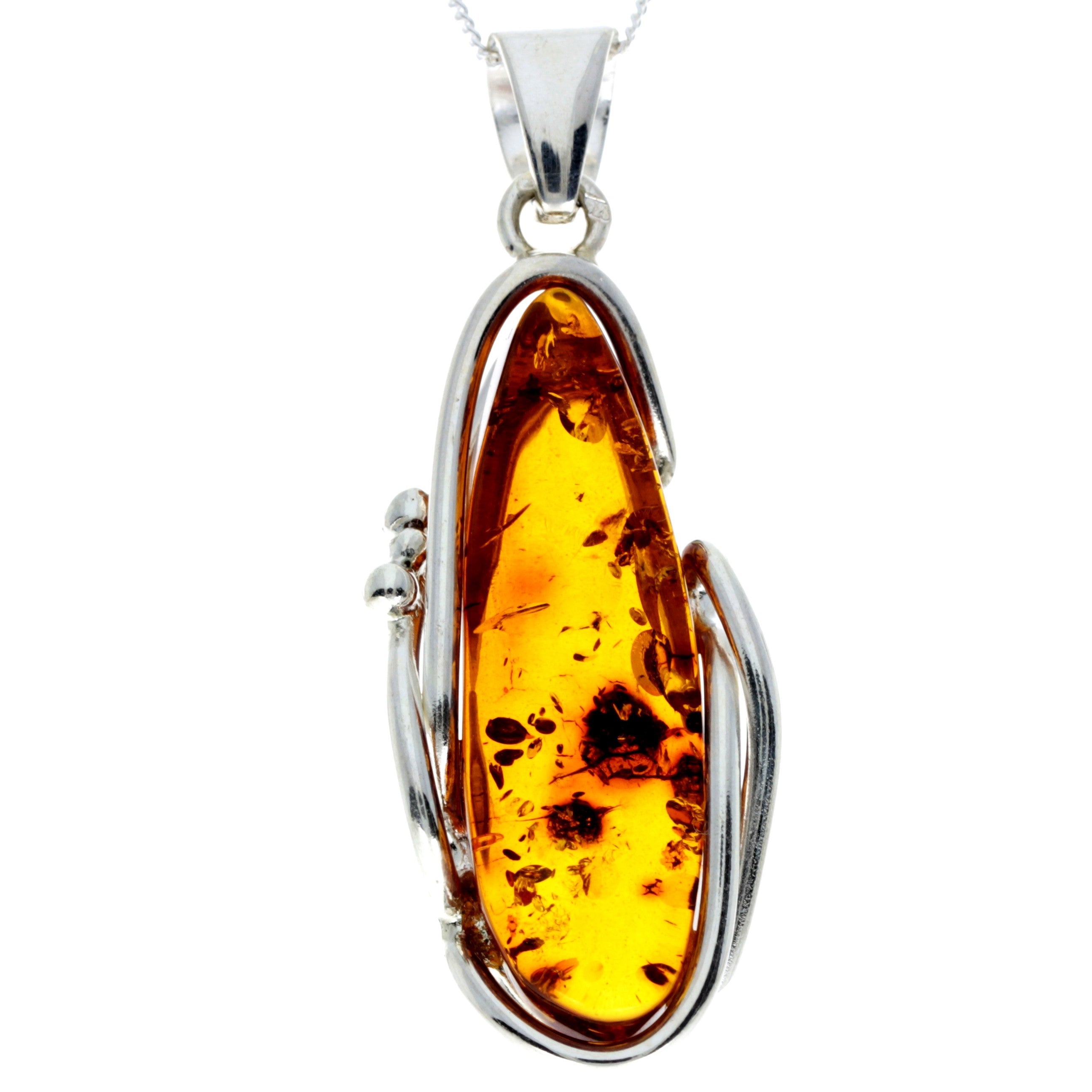 925 Sterling Silver & Genuine Cognac Baltic Amber Exlusive Unique Pendant - PD2342