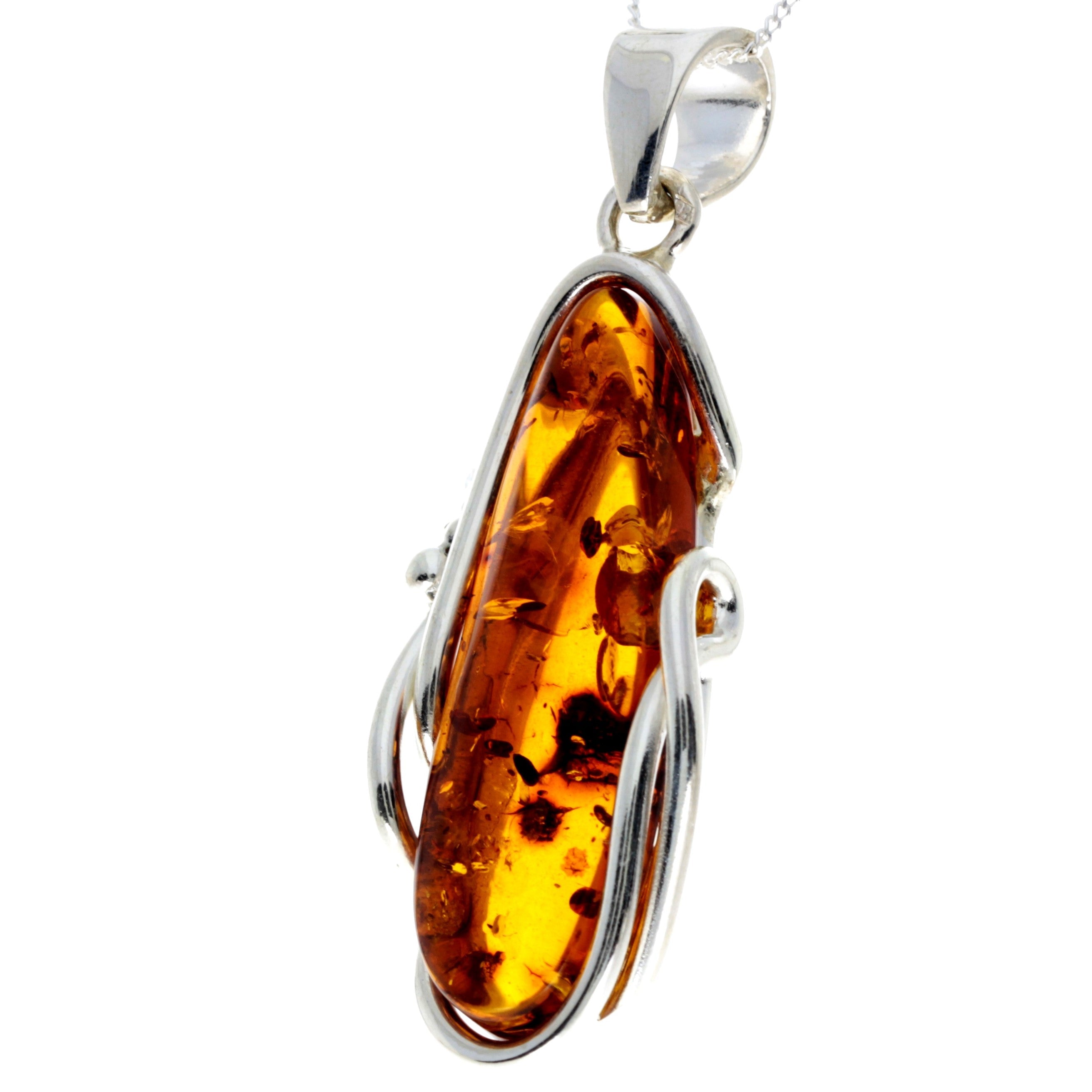 925 Sterling Silver & Genuine Cognac Baltic Amber Exlusive Unique Pendant - PD2342