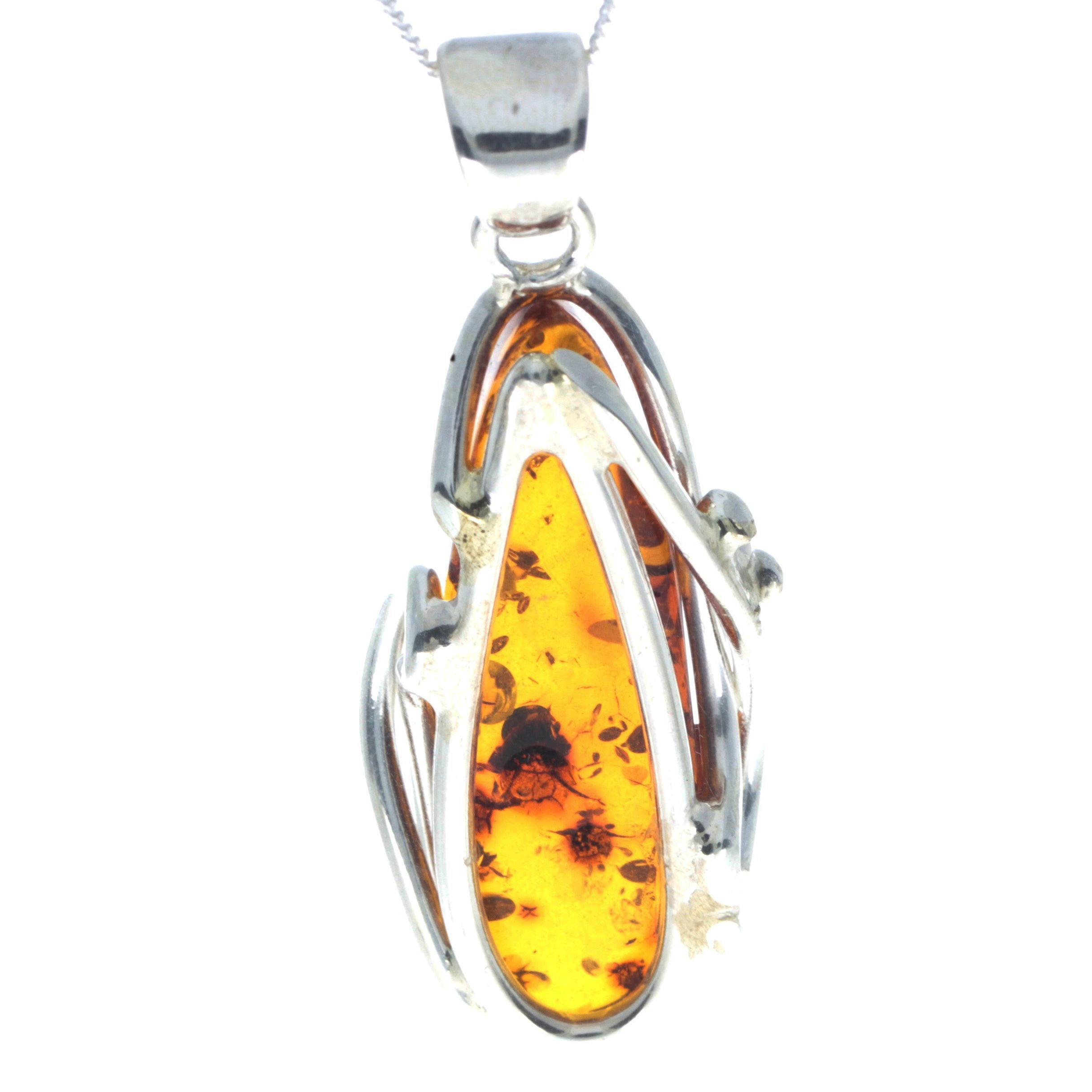 925 Sterling Silver & Genuine Cognac Baltic Amber Exlusive Unique Pendant - PD2342