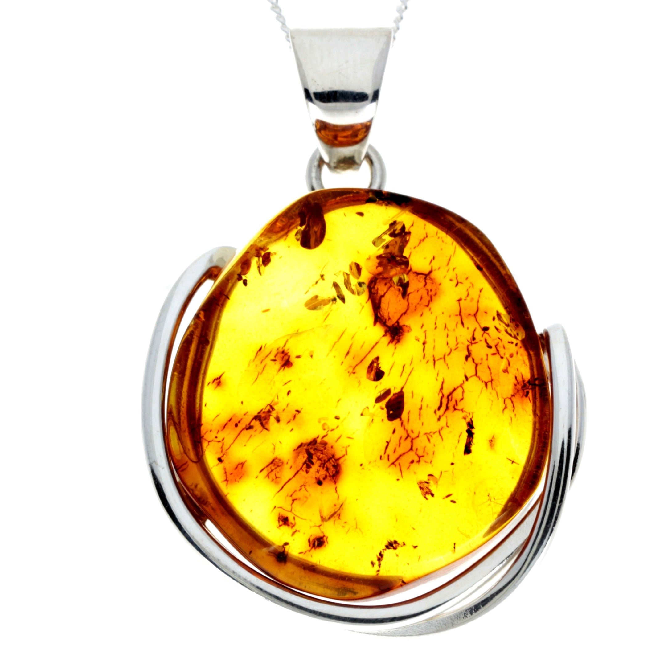 925 Sterling Silver & Genuine Cognac Baltic Amber Exlusive Unique Pendant - PD2345