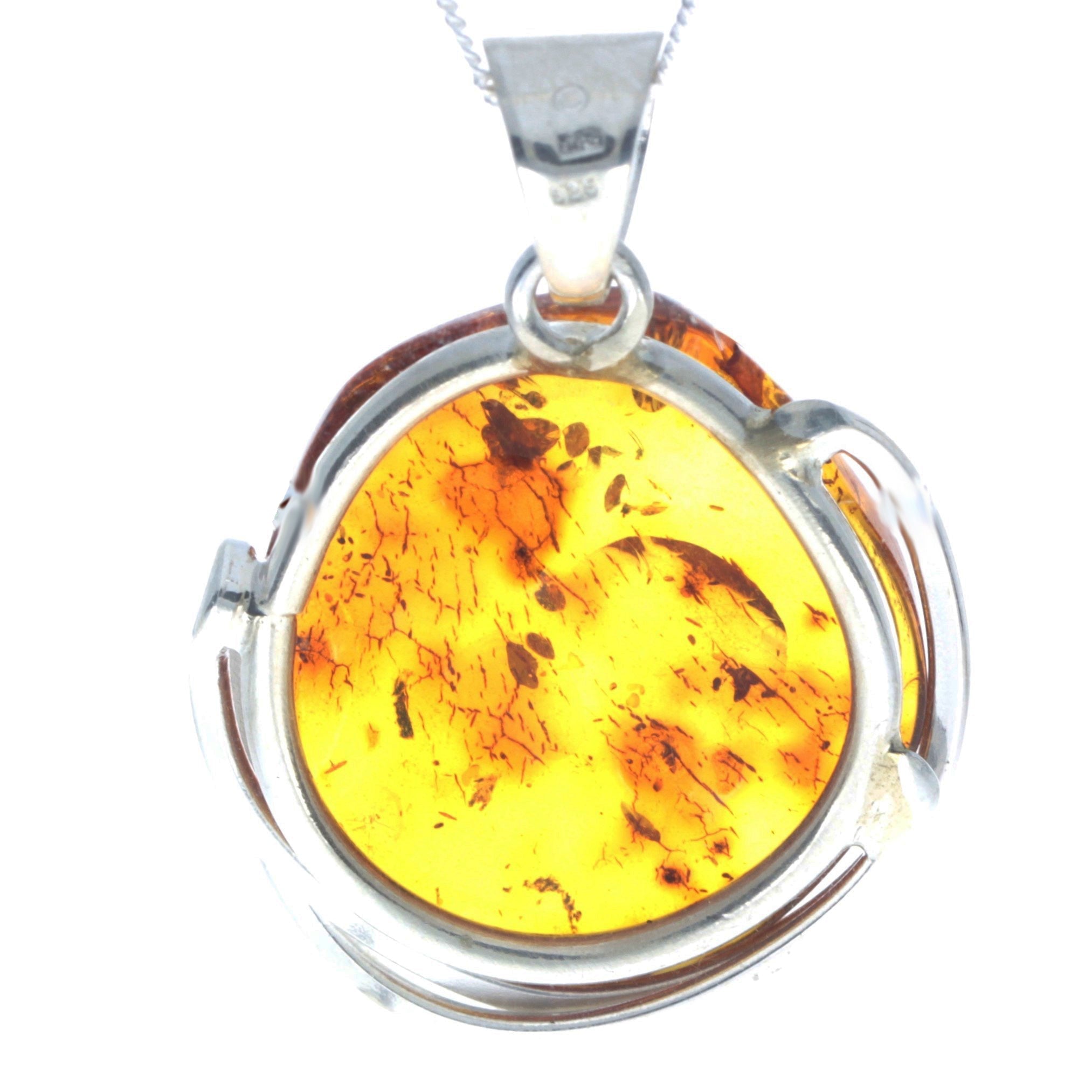 925 Sterling Silver & Genuine Cognac Baltic Amber Exlusive Unique Pendant - PD2345