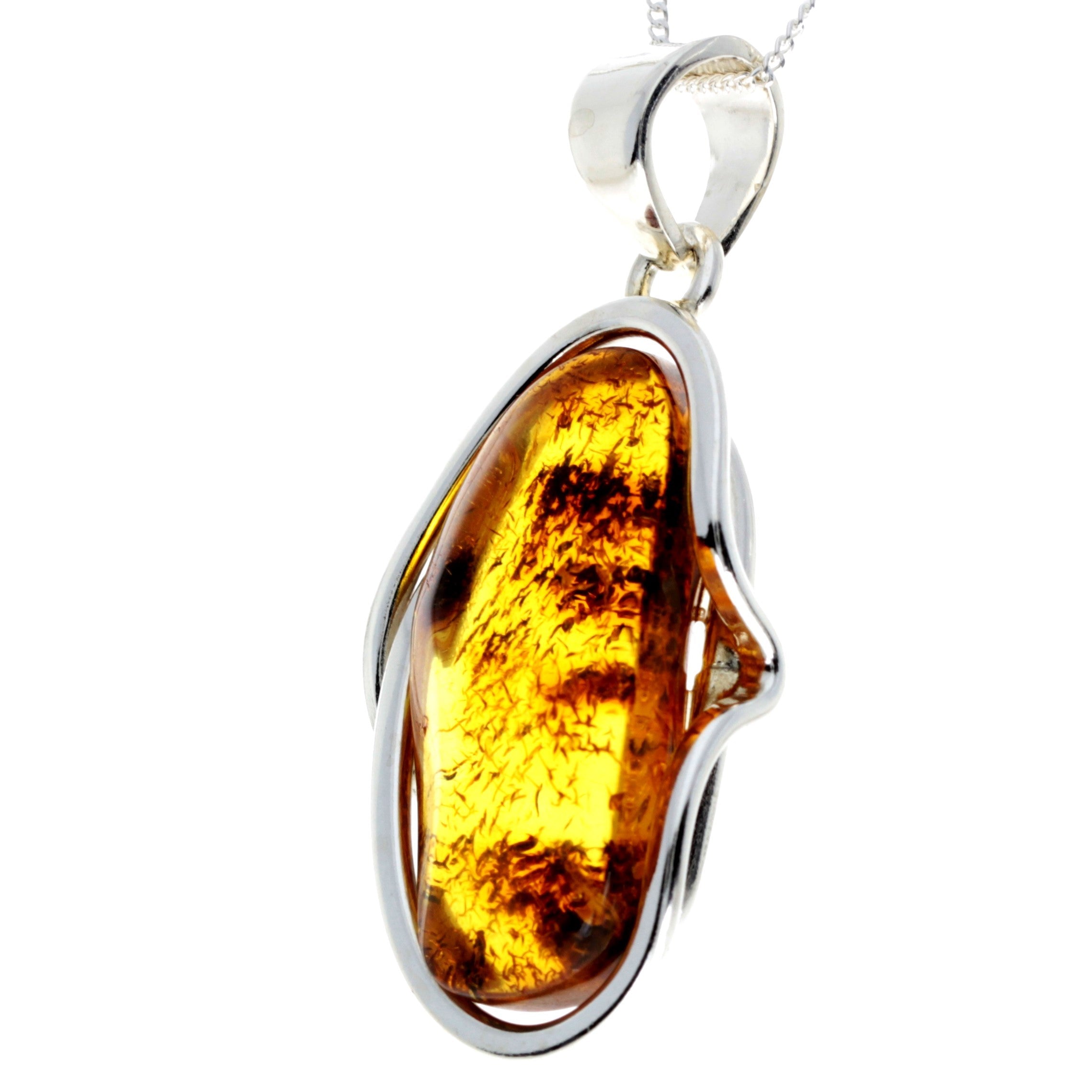 925 Sterling Silver & Genuine Cognac Baltic Amber Exlusive Unique Pendant - PD2352