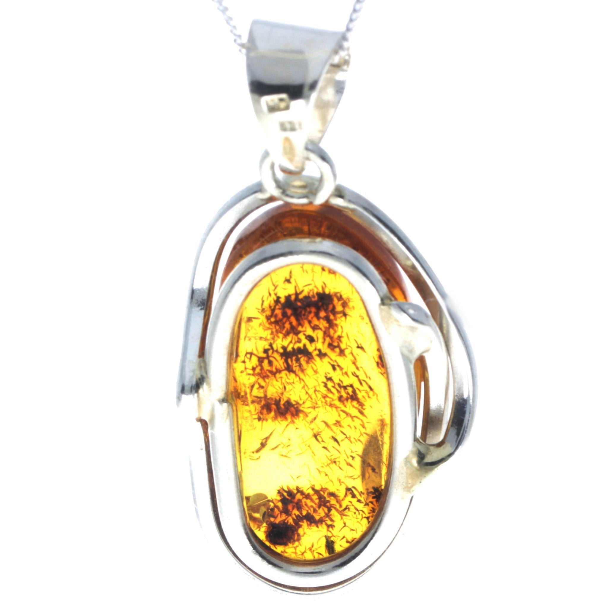 925 Sterling Silver & Genuine Cognac Baltic Amber Exlusive Unique Pendant - PD2352