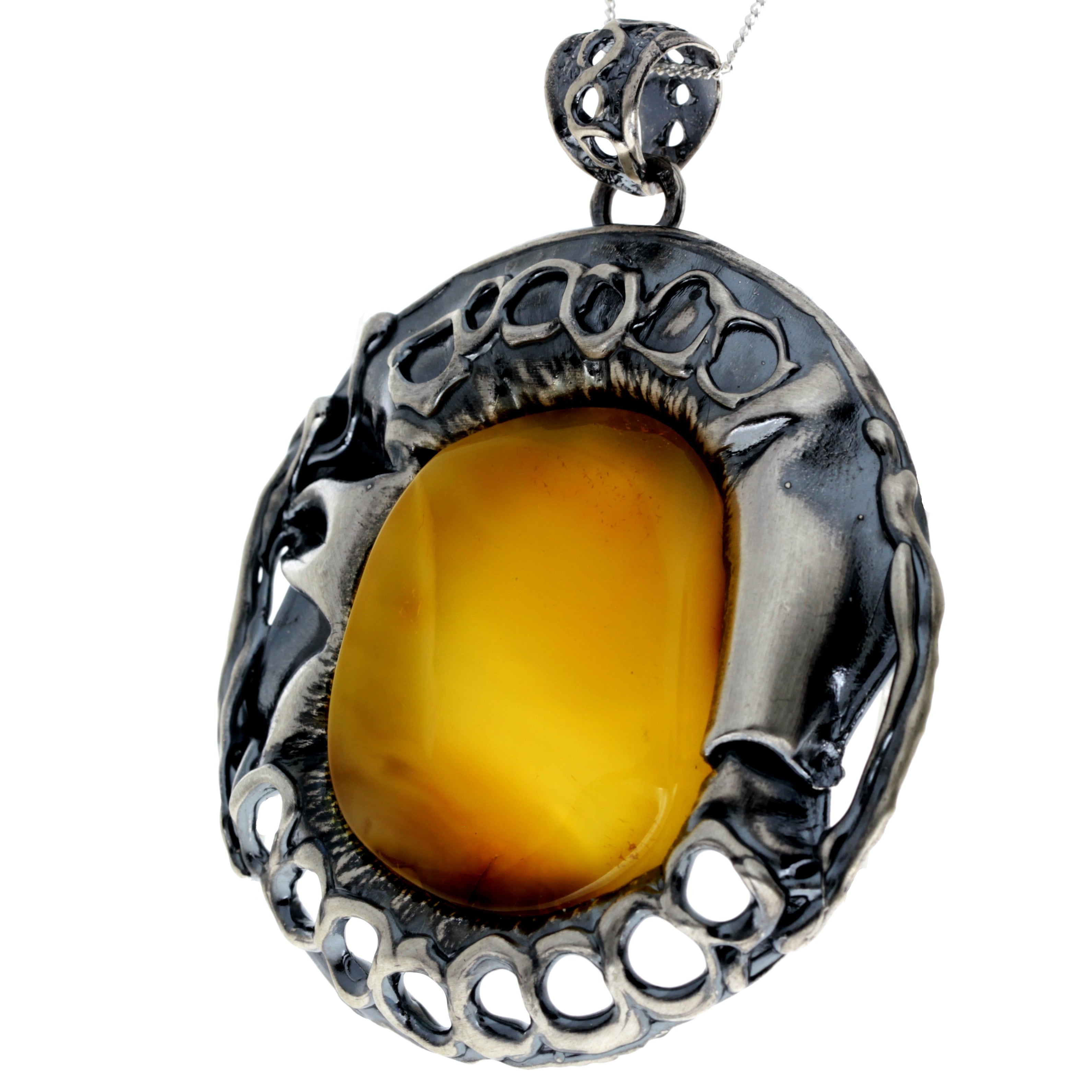 925 Sterling Silver & Genuine Lemon Baltic Amber Exlusive Unique Pendant - PD2363