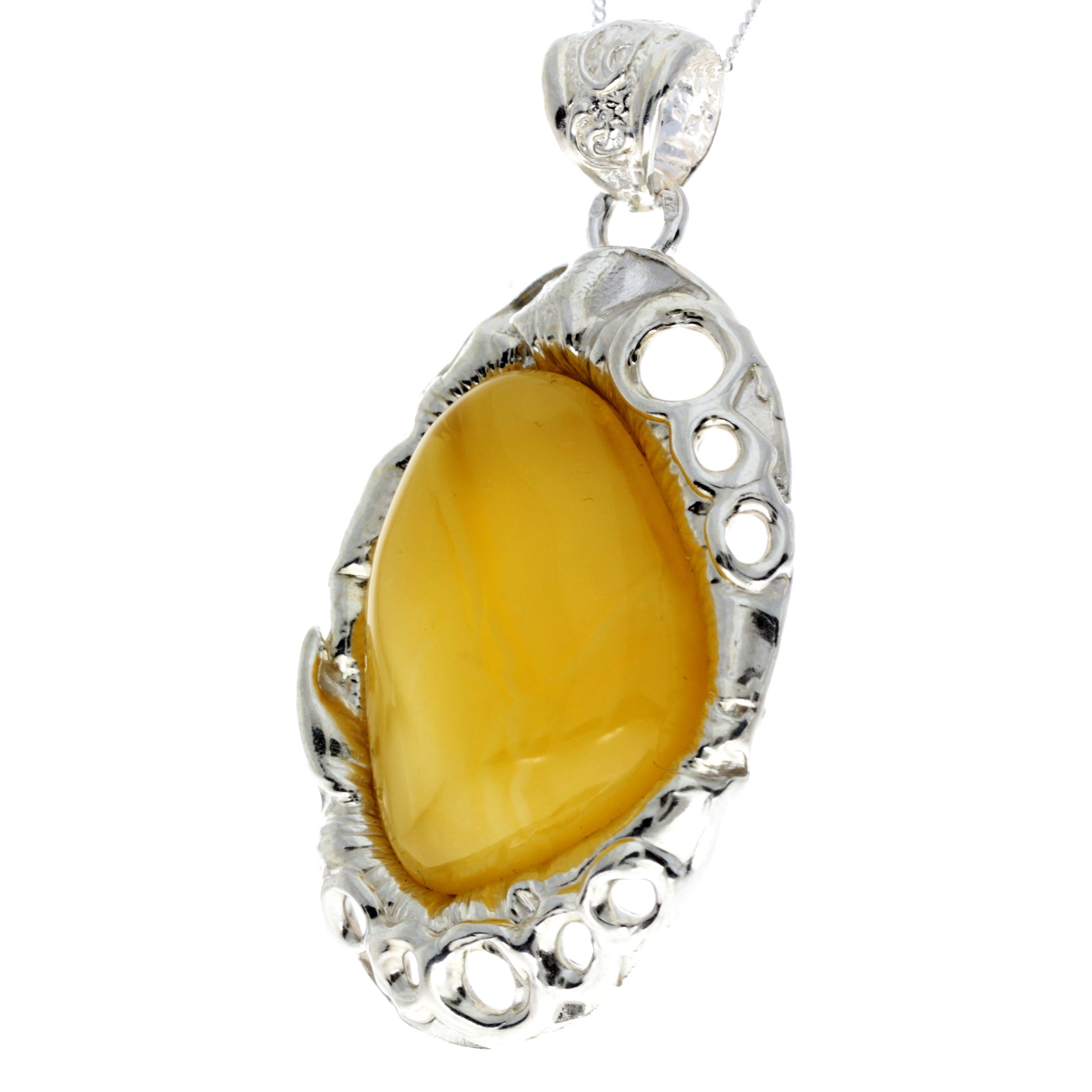 925 Sterling Silver & Genuine Lemon Baltic Amber Exlusive Unique Pendant - PD2364