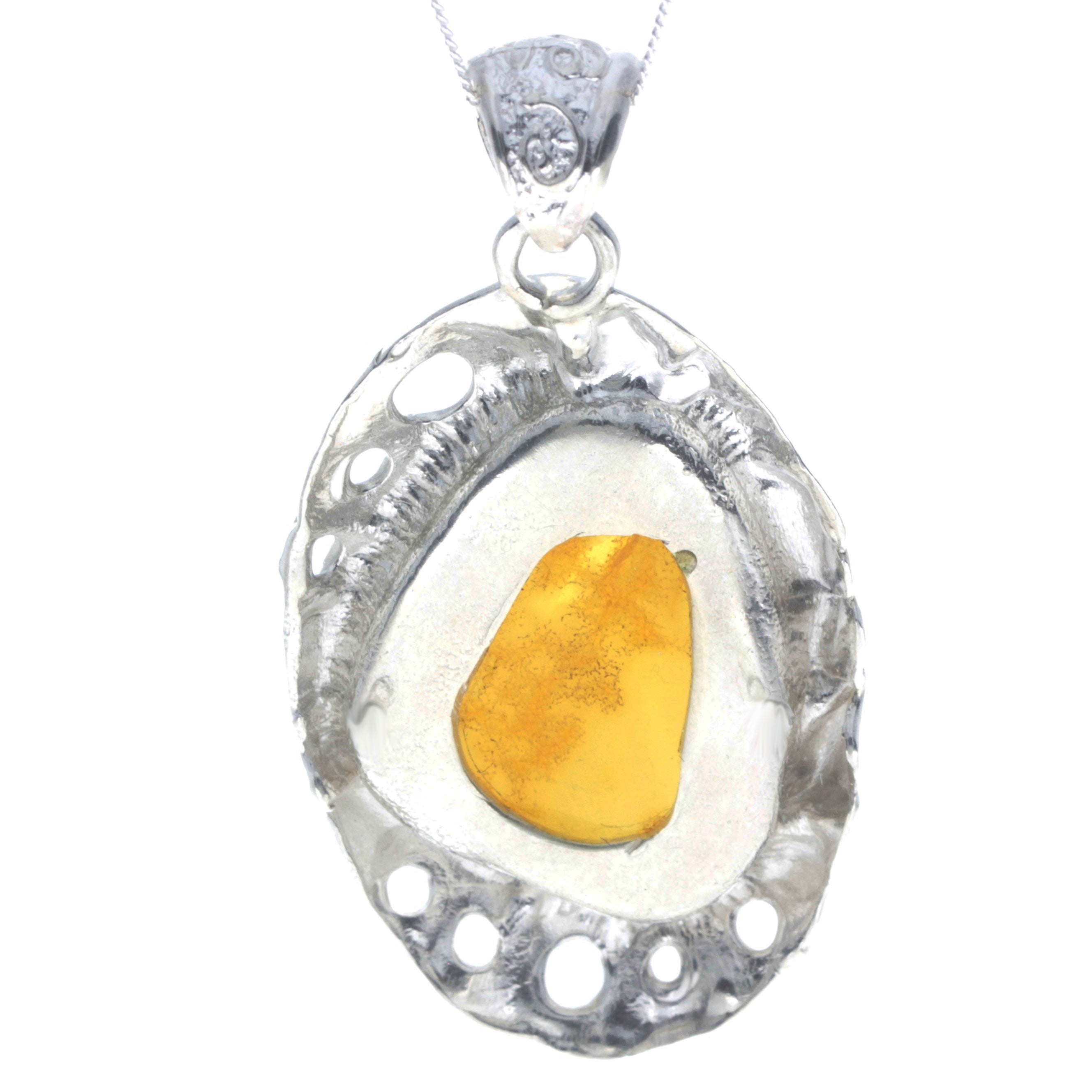 925 Sterling Silver & Genuine Lemon Baltic Amber Exlusive Unique Pendant - PD2364