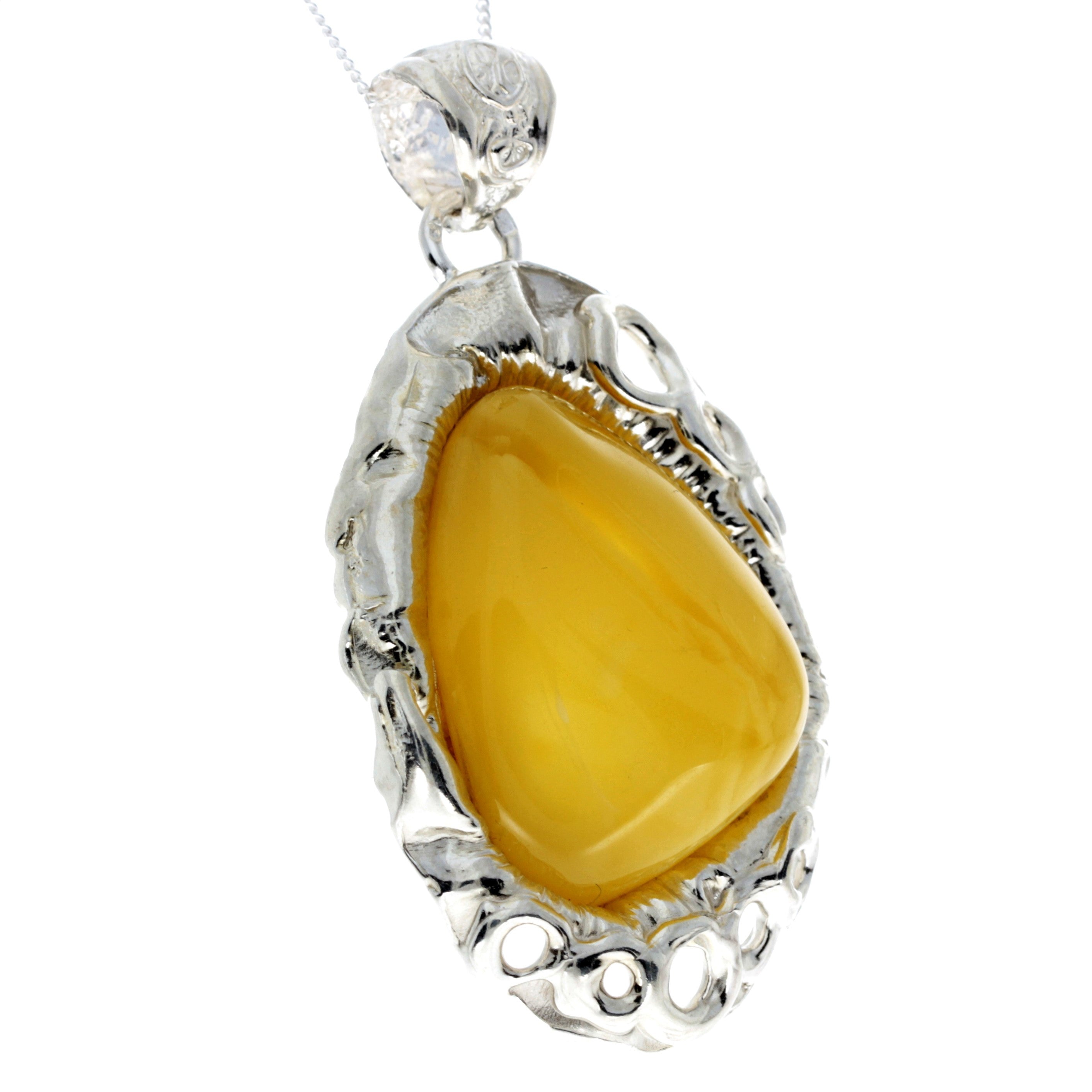 925 Sterling Silver & Genuine Lemon Baltic Amber Exlusive Unique Pendant - PD2364