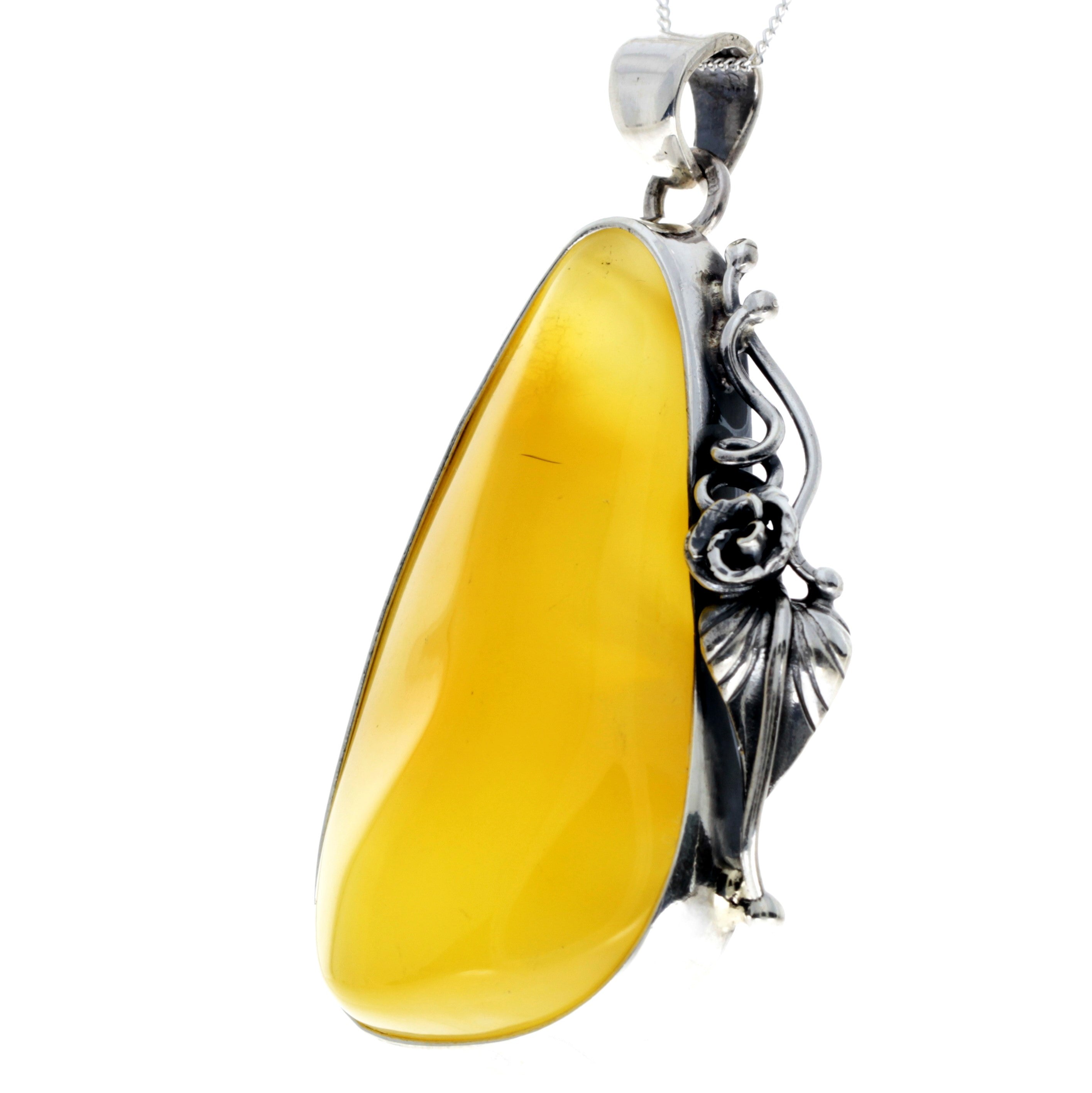 925 Sterling Silver & Genuine Lemon Baltic Amber Exlusive Unique Pendant - PD2369